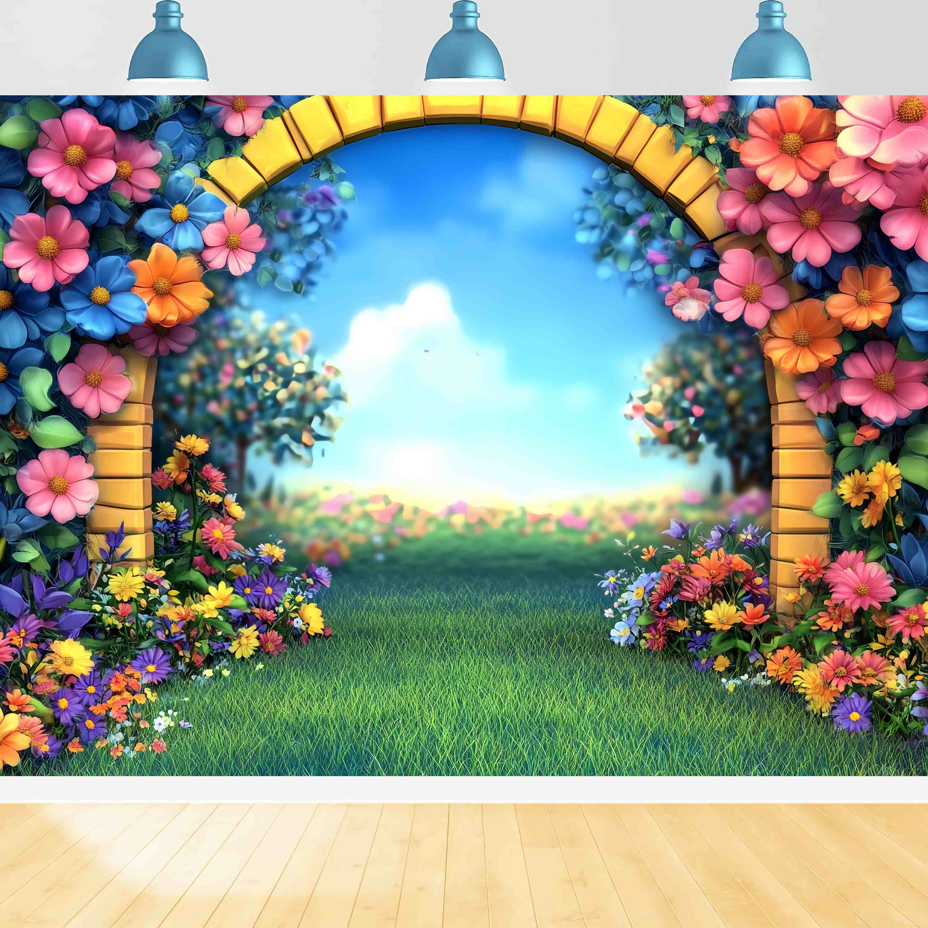 Preschool Backdrop Cartoon Garden Arch Colorful Flowers Back To School Backdrops UK LXX58-138