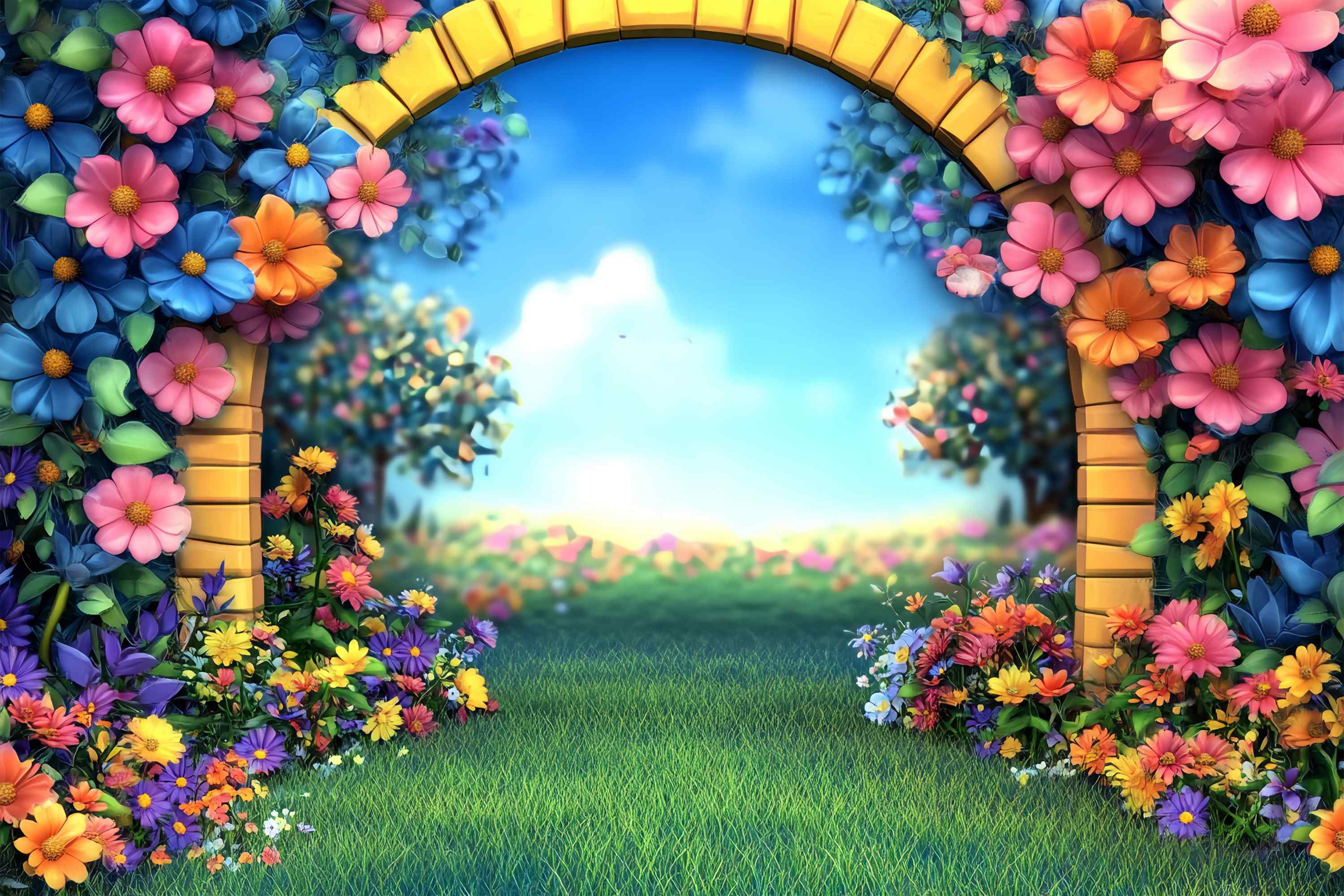 Preschool Backdrop Cartoon Garden Arch Colorful Flowers Back To School Backdrops UK LXX58-138