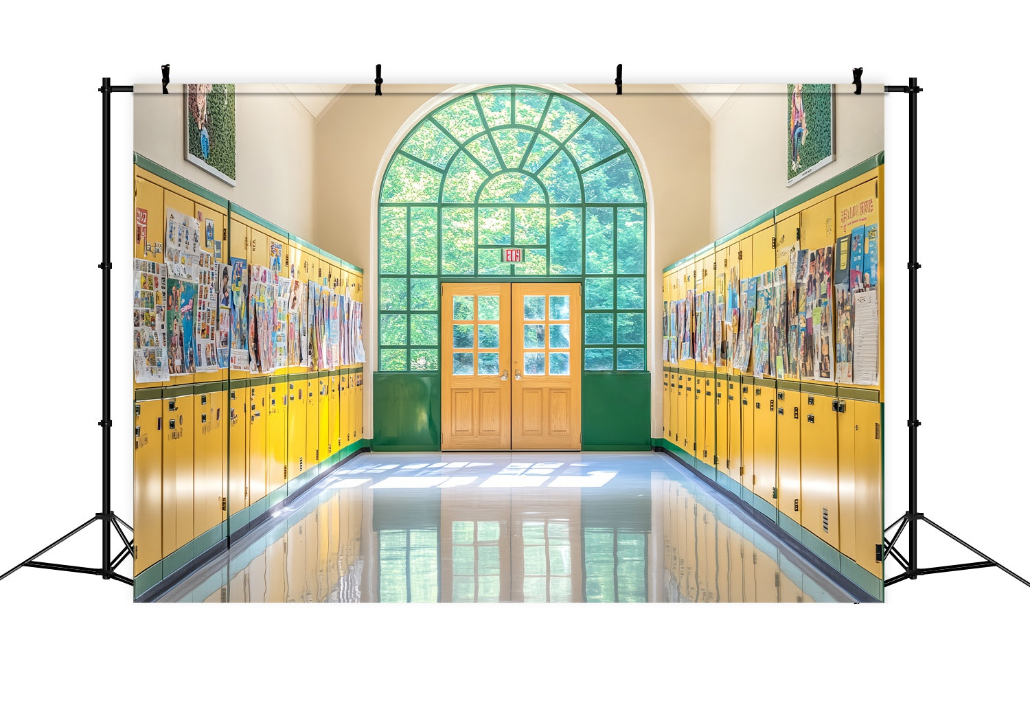School Hallway Backdrop Yellow Green Locker Hallway Posters Back To School Backdrop UK LXX58-141
