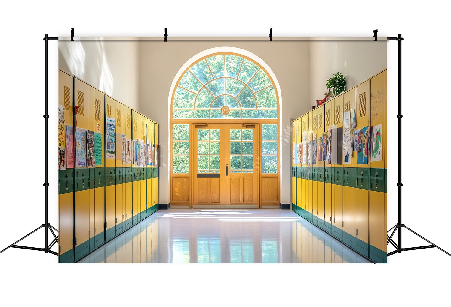 School Hallway Backdrop Yellow Green Locker Hallway Artwork Back To School Photo Backdrop UK LXX58-142