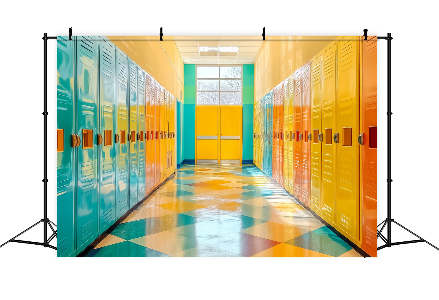 School Hallway Backdrop Vibrant Geometric Locker Corridor Back To School Backdrop UK LXX58-144