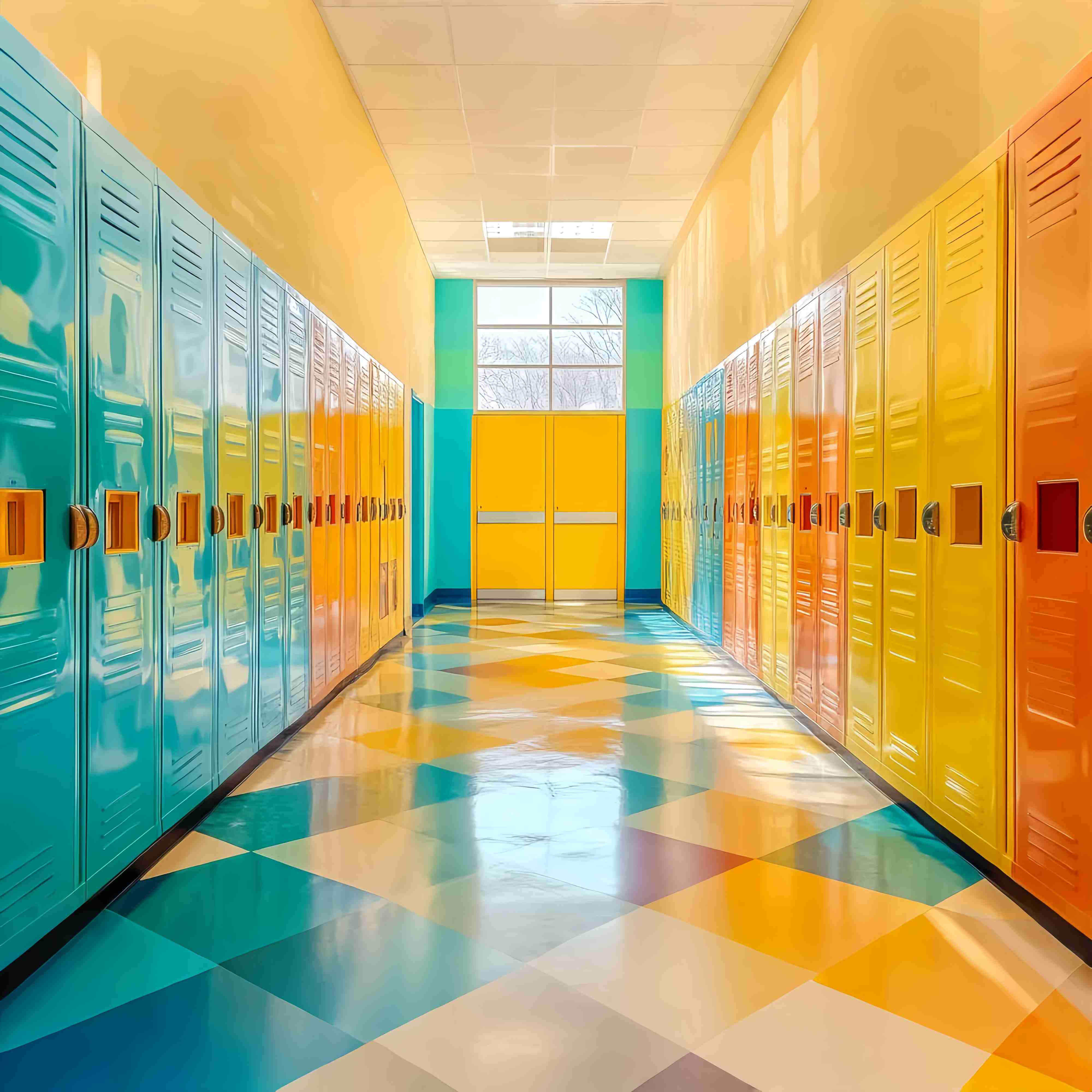 School Hallway Backdrop Vibrant Geometric Locker Corridor Back To School Backdrop UK LXX58-144