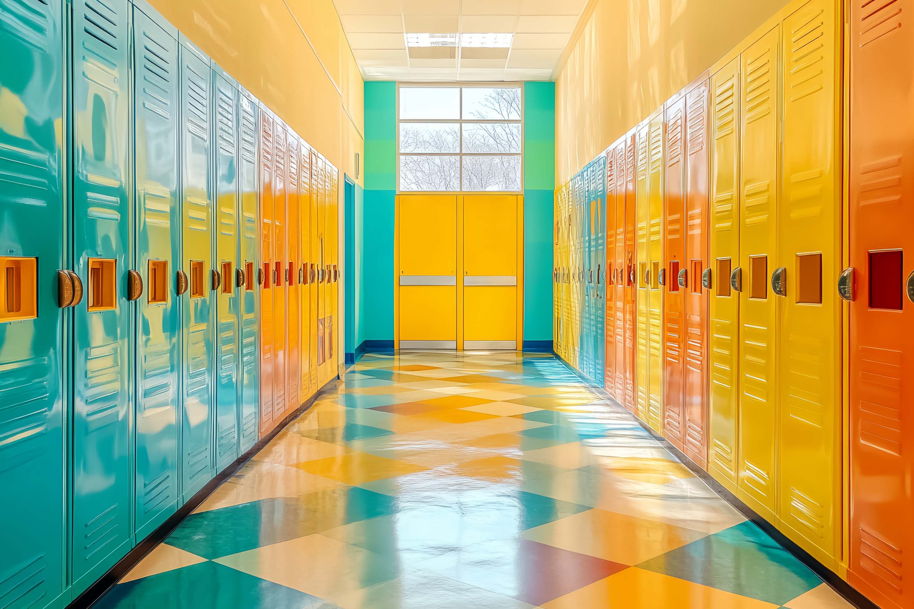 School Hallway Backdrop Vibrant Geometric Locker Corridor Back To School Backdrop UK LXX58-144
