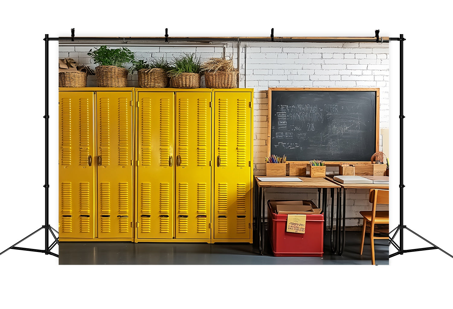 School Classroom Backdrop Yellow Lockers Chalkboard Workspace Back To School Backdrop UK LXX58-147