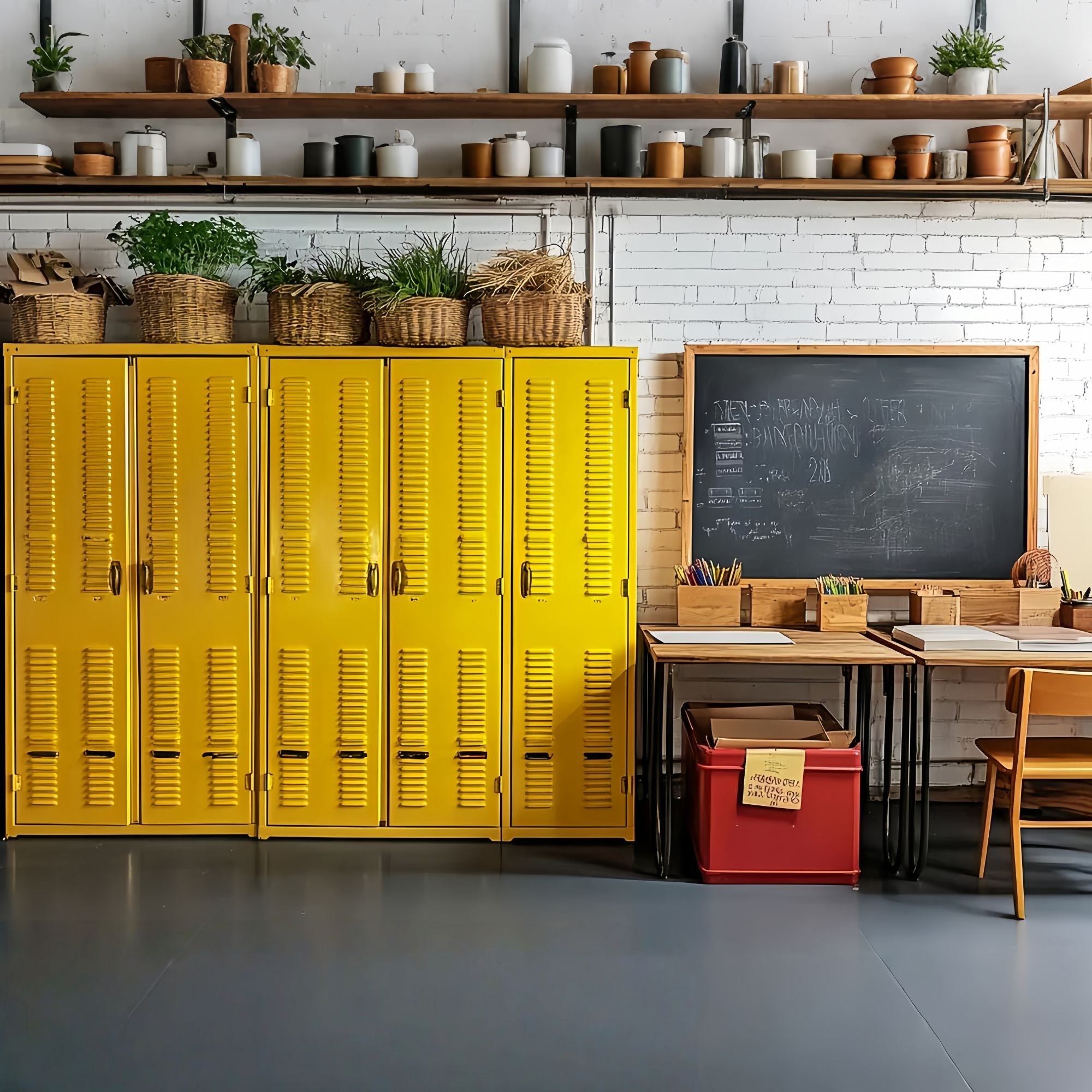 School Classroom Backdrop Yellow Lockers Chalkboard Workspace Back To School Backdrop UK LXX58-147