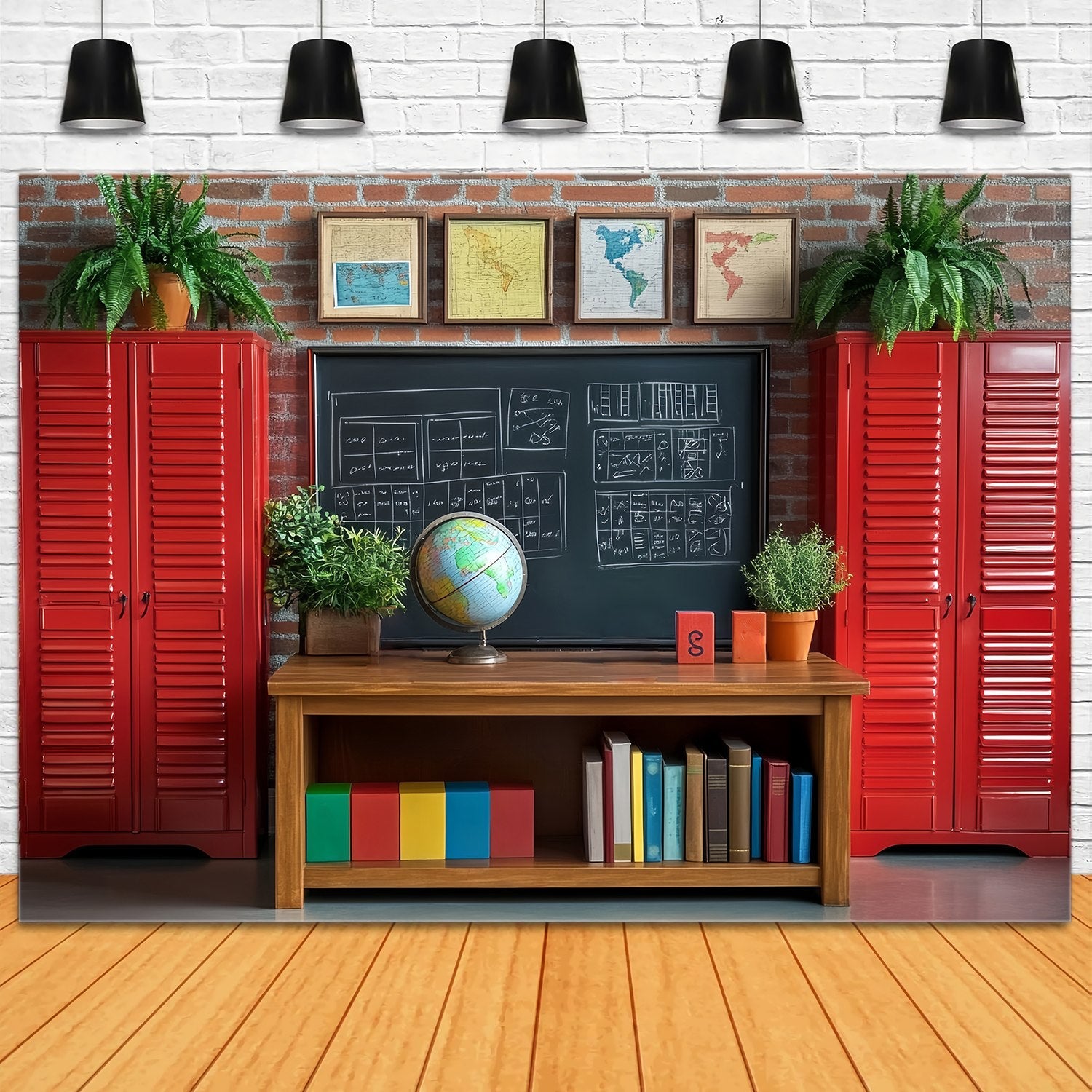School Classroom Backdrop Red Lockers Globe Study Corner Back To School Backdrop UK LXX58-148
