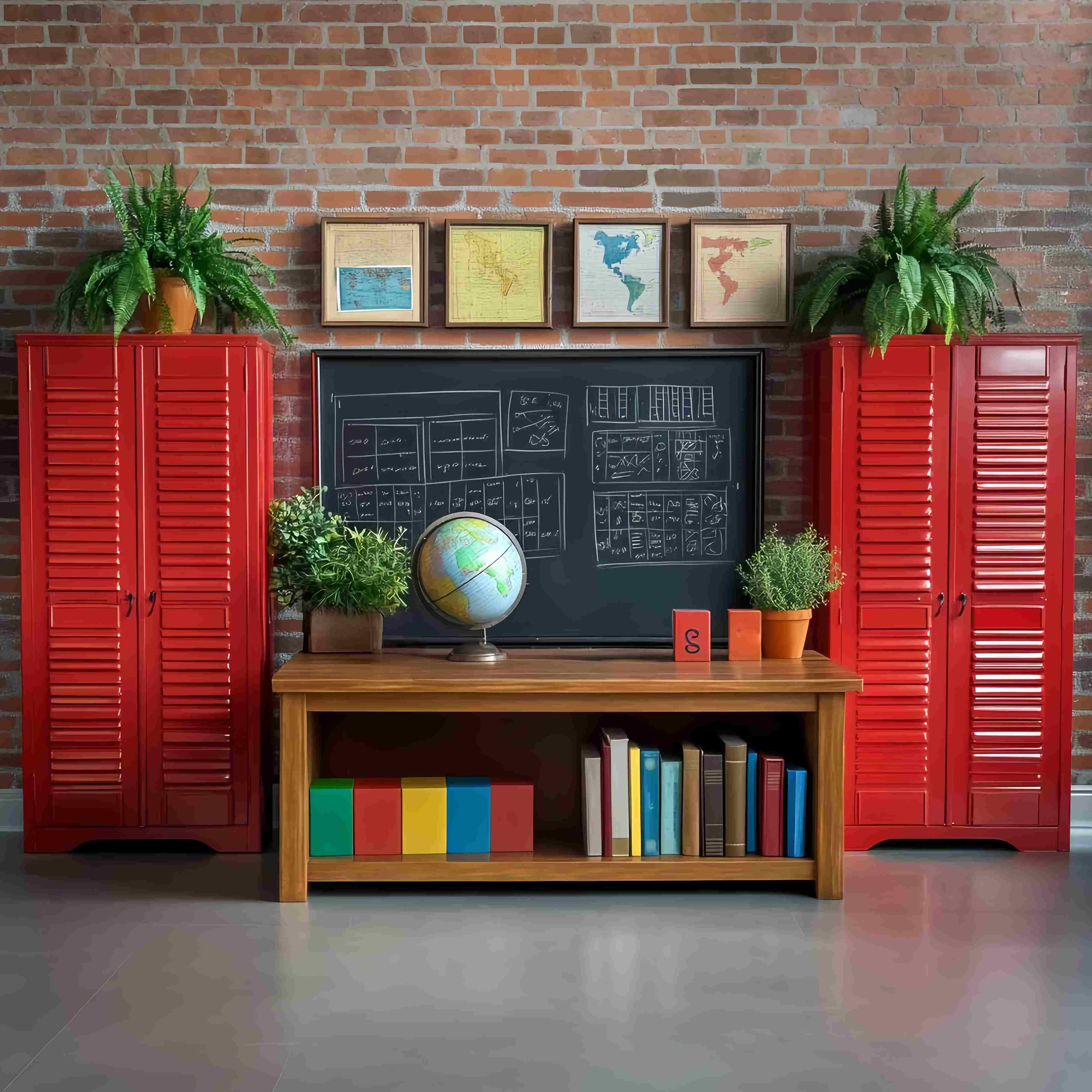 School Classroom Backdrop Red Lockers Globe Study Corner Back To School Backdrop UK LXX58-148