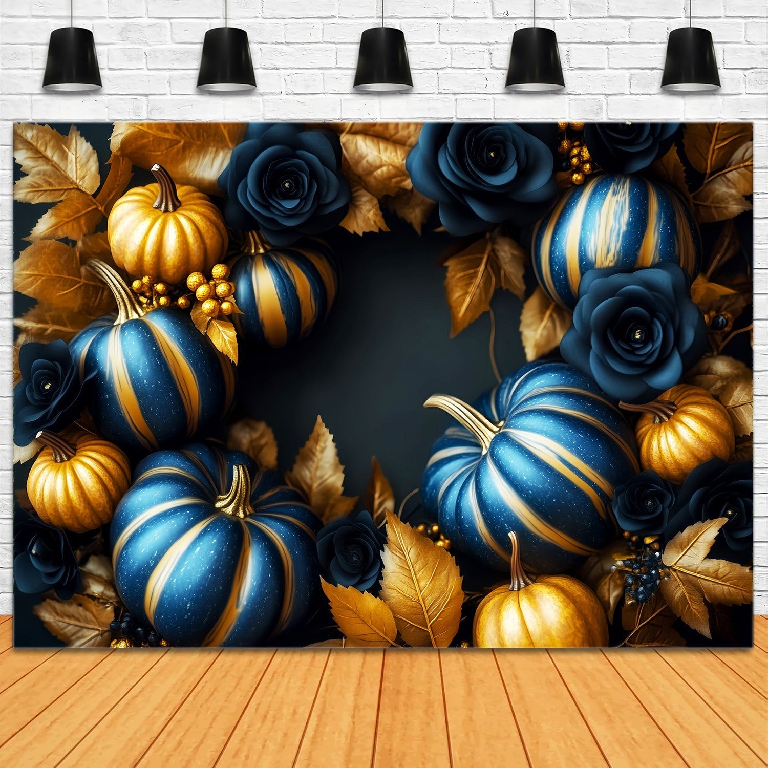 Fall Backdrop for Pictures Golden Navy Pumpkin Wreath Fine Art Backdrop UK LXX58-157