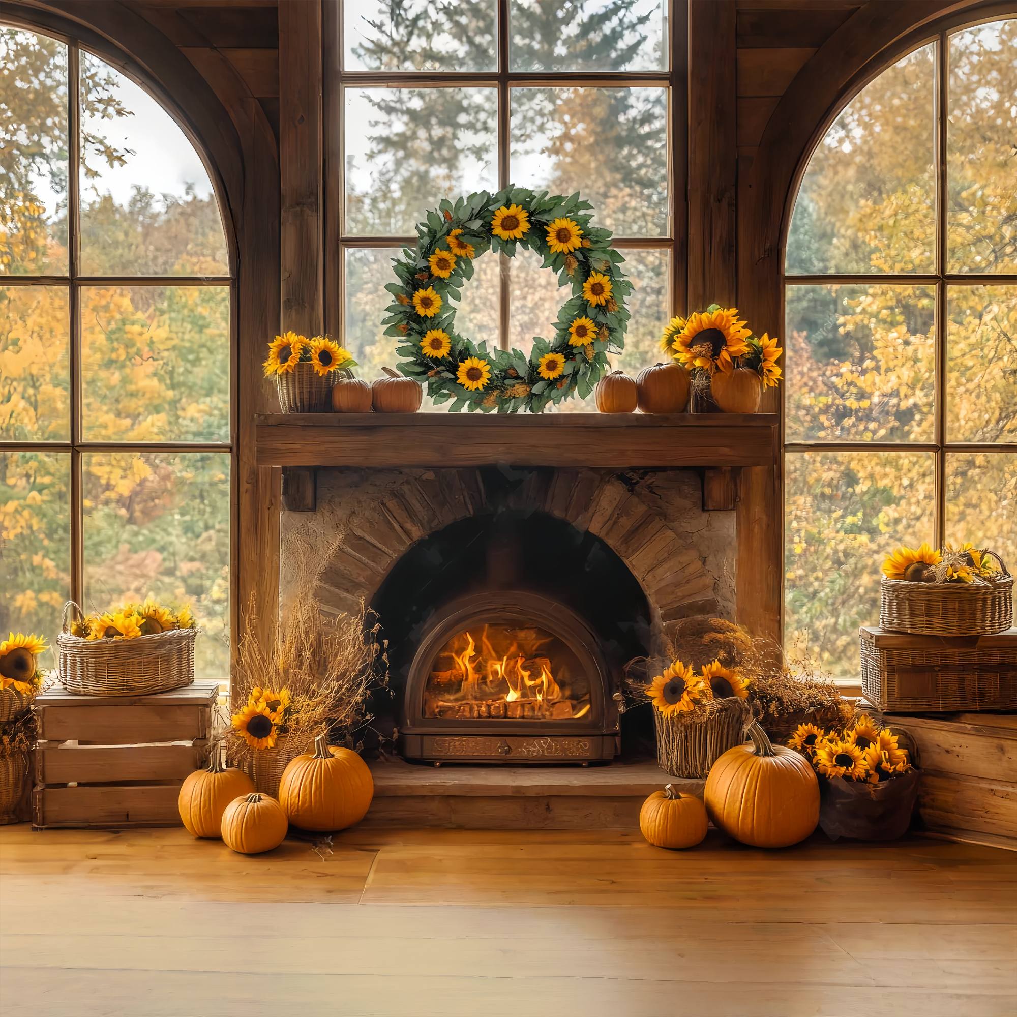 Fall Backdrop for Pictures Sunflower Pumpkin Hearth Glow Fireplace Backdrop UK LXX58-160