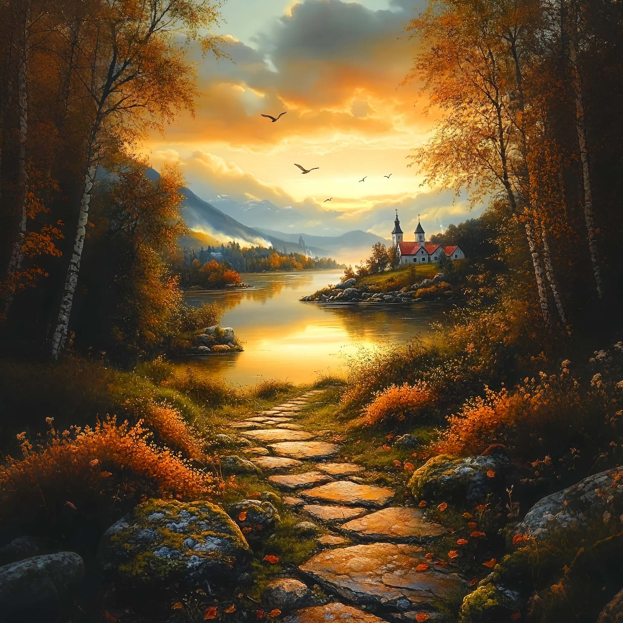 Fall Backdrop Autumn Pathway Lakeside Village Sunset Backdrop UK LXX58-165