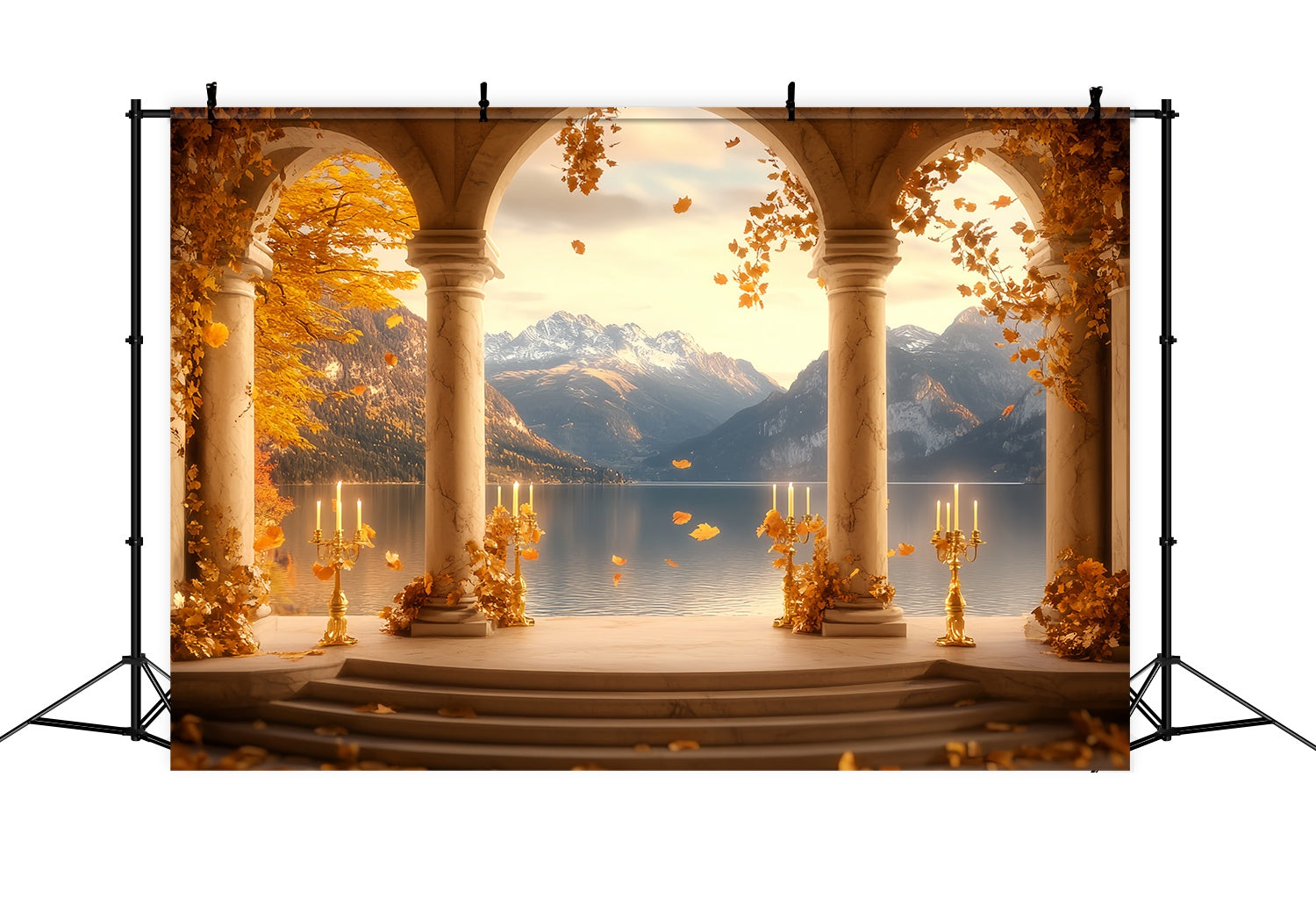 Fall Backdrop for Pictures Golden Arch Lake Mountains Vintage Backdrop UK LXX58-168