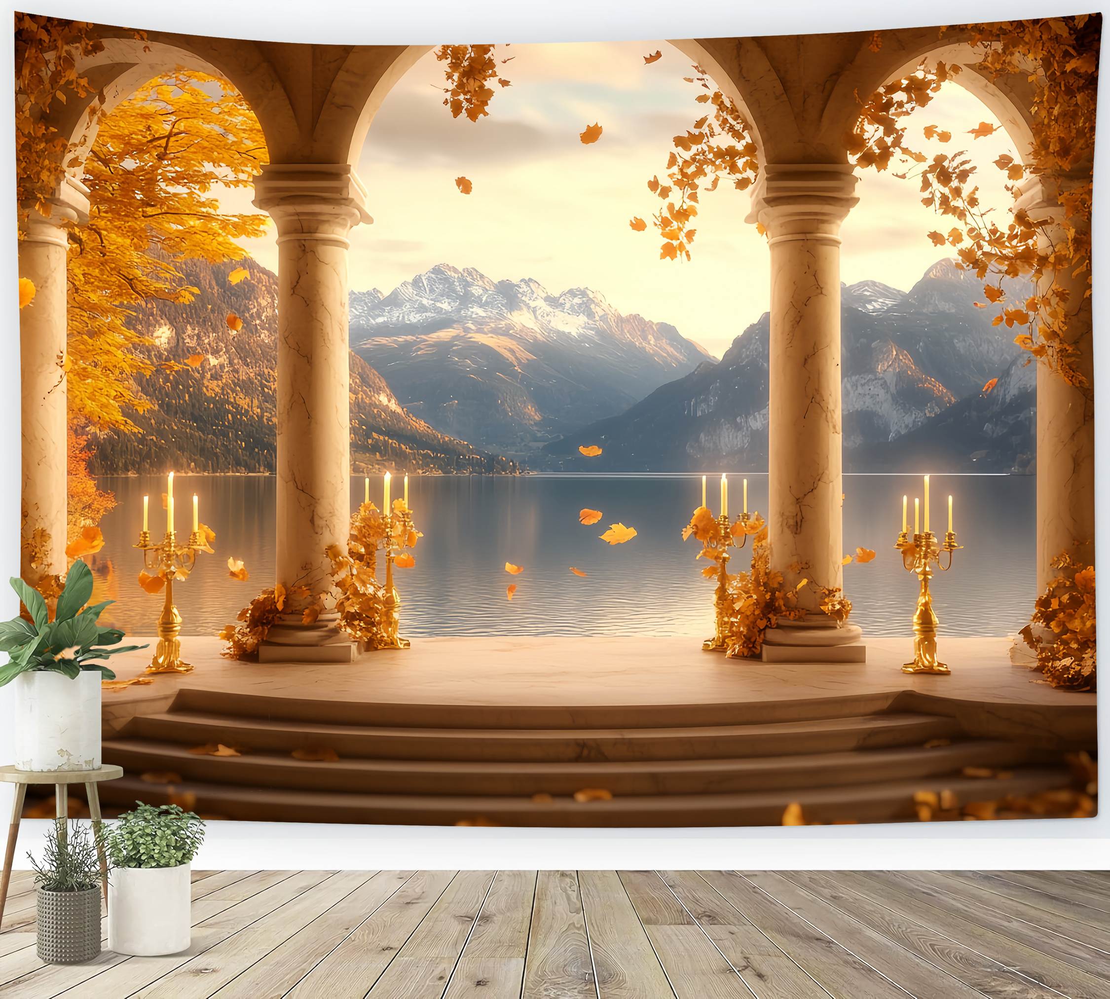 Fall Backdrop for Pictures Golden Arch Lake Mountains Vintage Backdrop UK LXX58-168