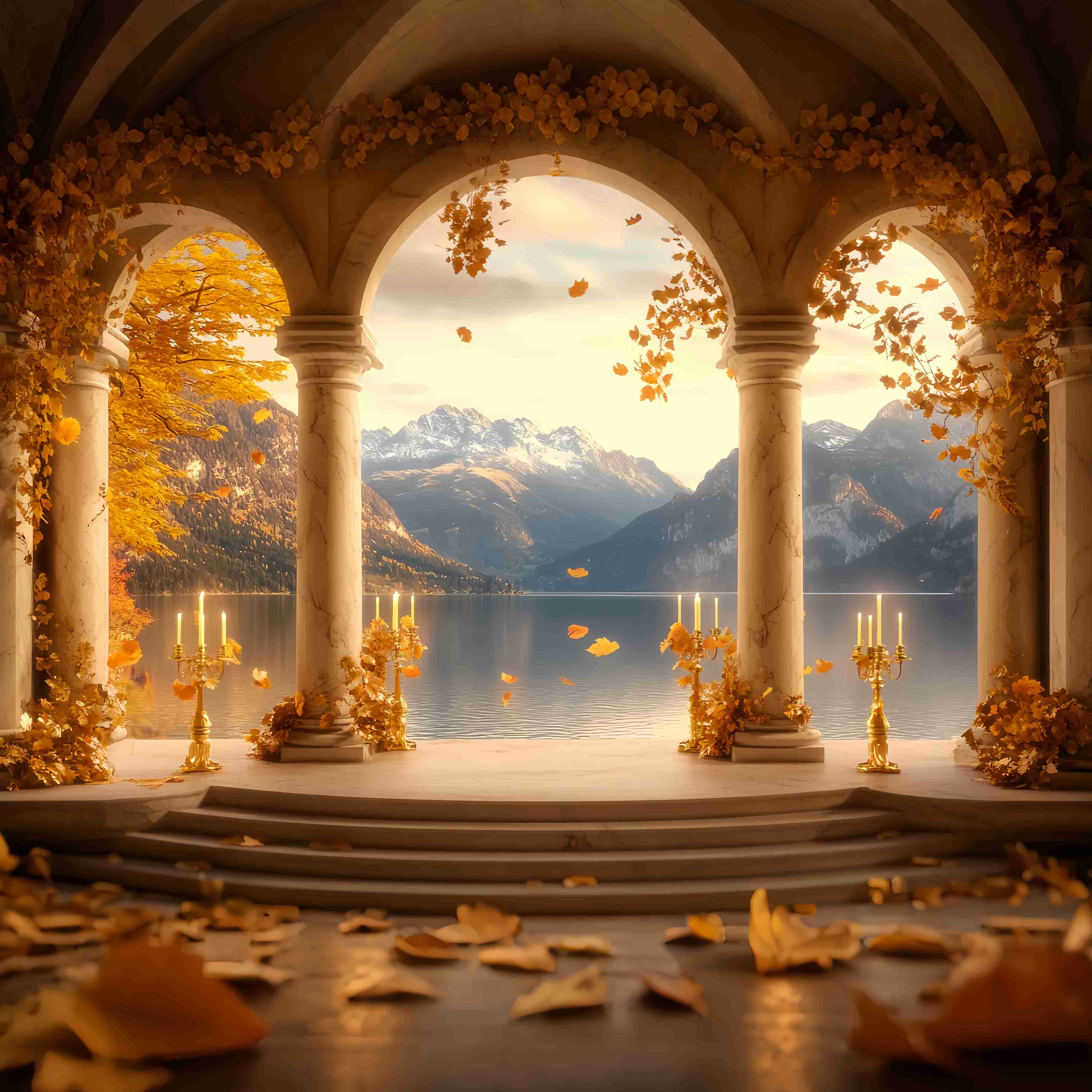 Fall Backdrop for Pictures Golden Arch Lake Mountains Vintage Backdrop UK LXX58-168