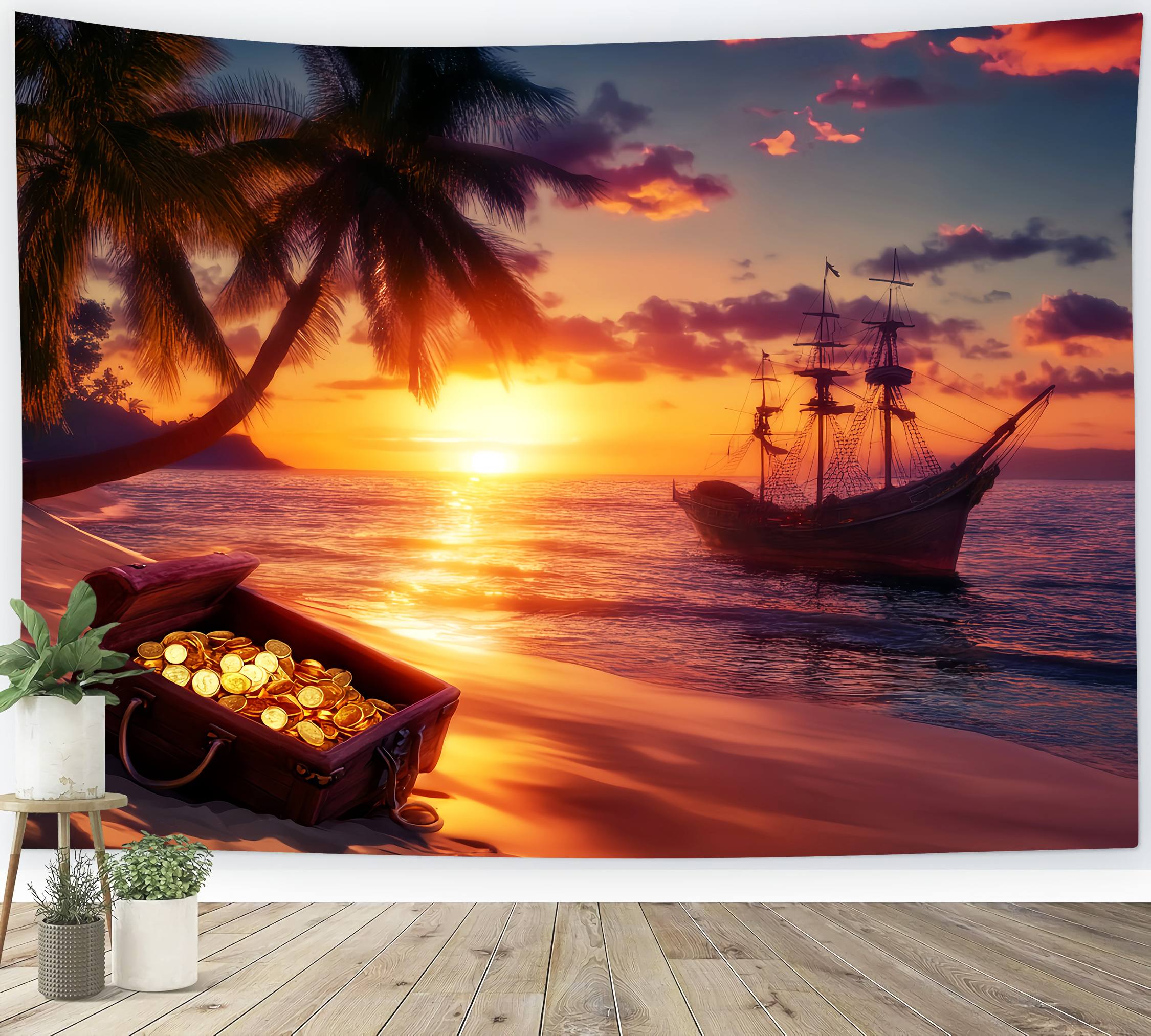Fall Backdrops for Photography Pirate Ship Treasure Sunset Backdrop UK LXX58-177