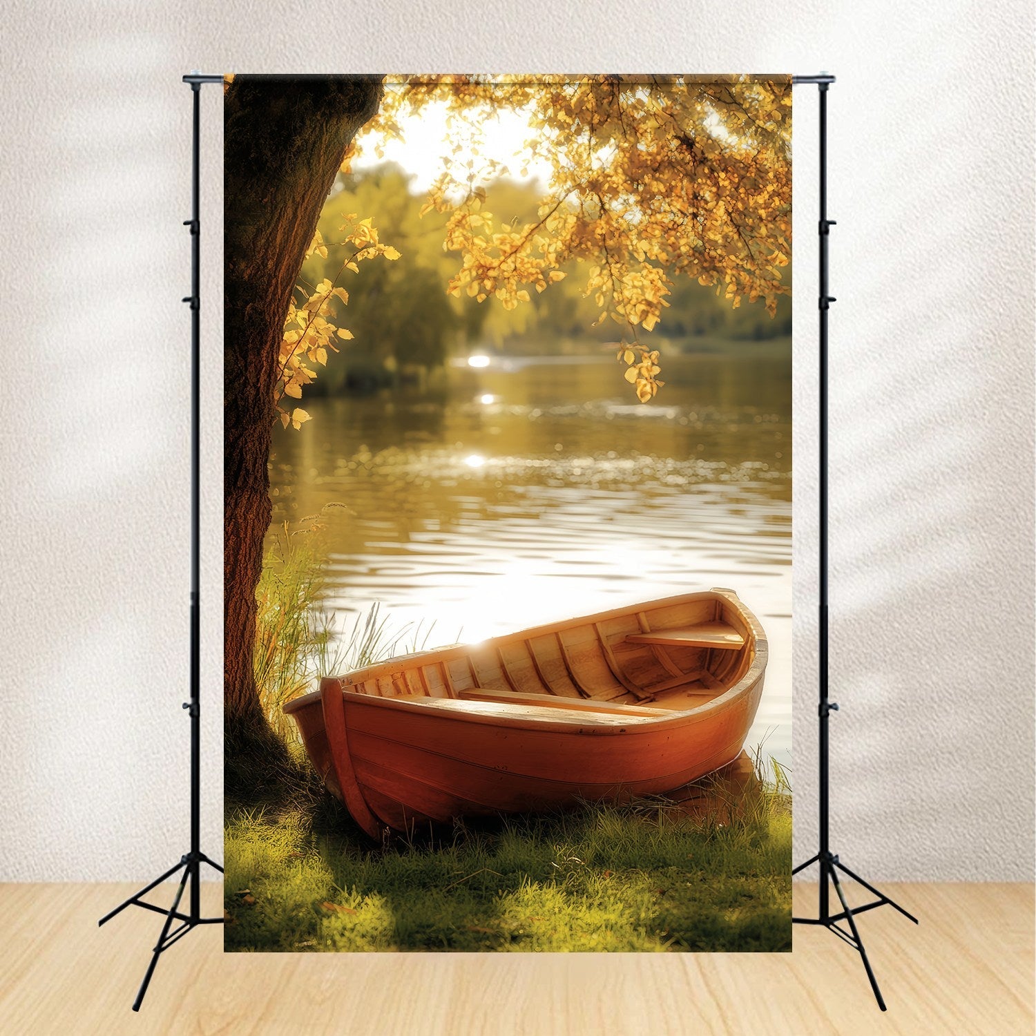 Fall Photography Backdrops Golden Rowboat Lakeside Tranquility Forest Backdrop UK LXX58-180