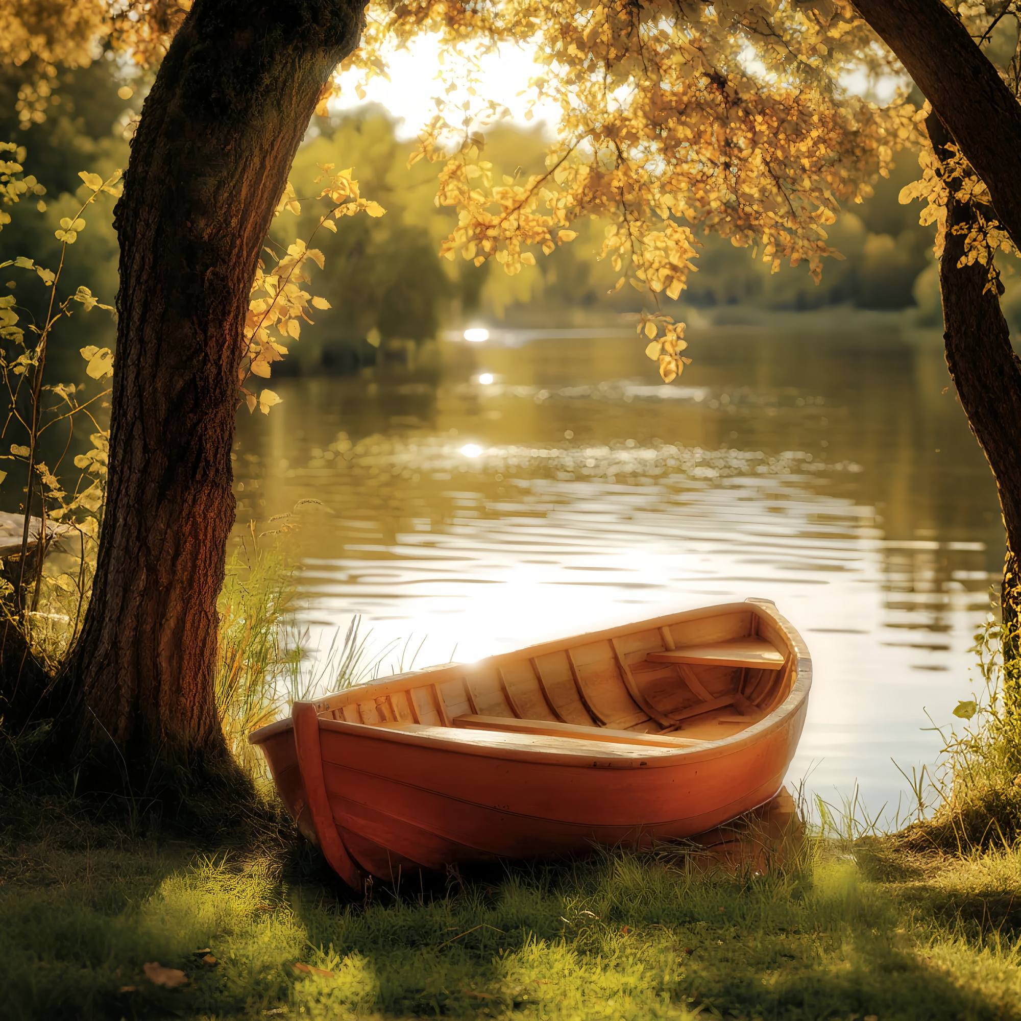 Fall Photography Backdrops Golden Rowboat Lakeside Tranquility Forest Backdrop UK LXX58-180