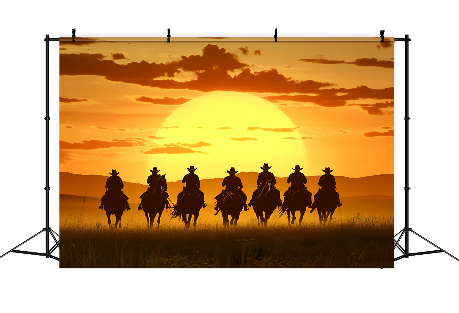 Autumn Backdrop Riders Silhouettes Golden Horizon Cowboy Backdrop UK LXX58-187