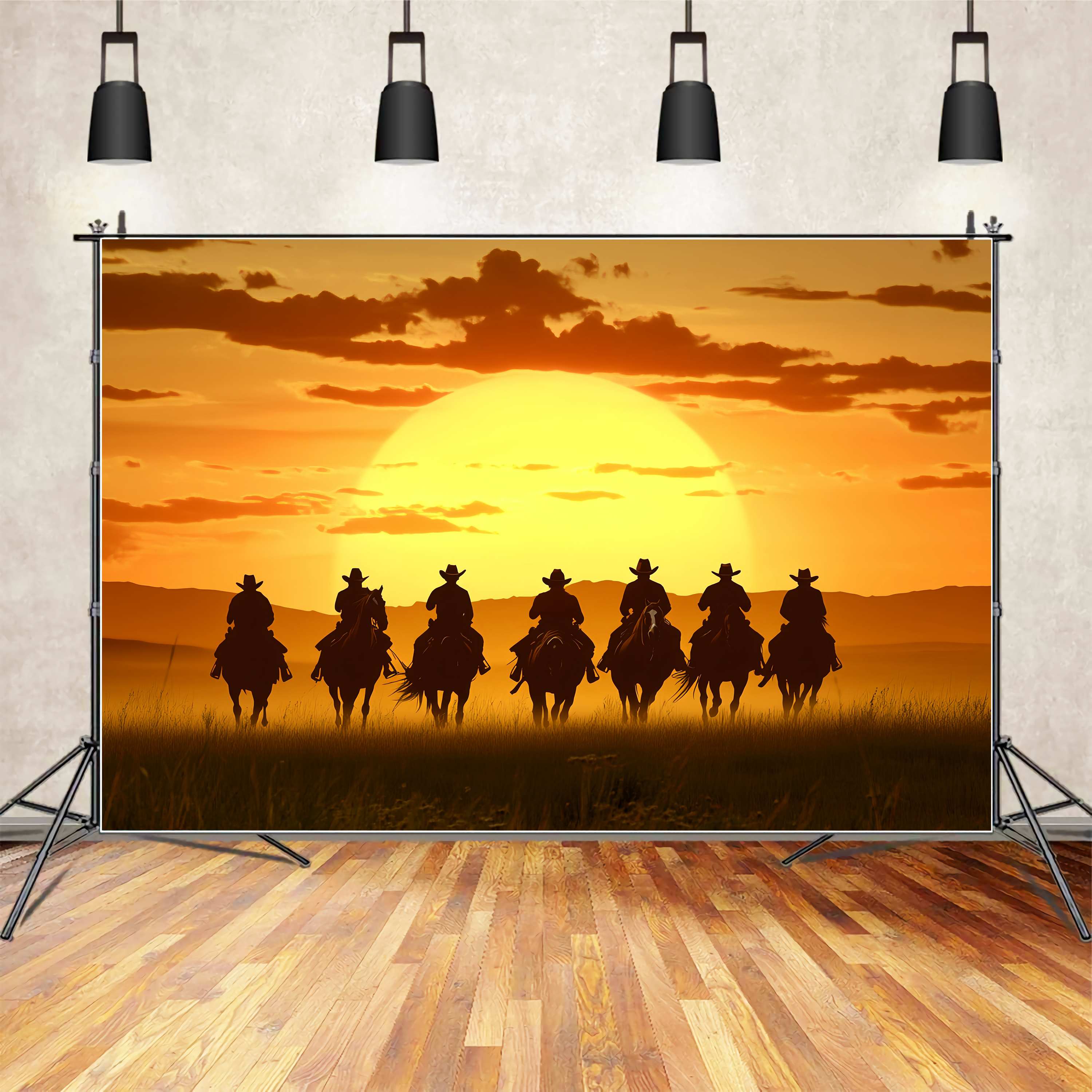 Autumn Backdrop Riders Silhouettes Golden Horizon Cowboy Backdrop UK LXX58-187