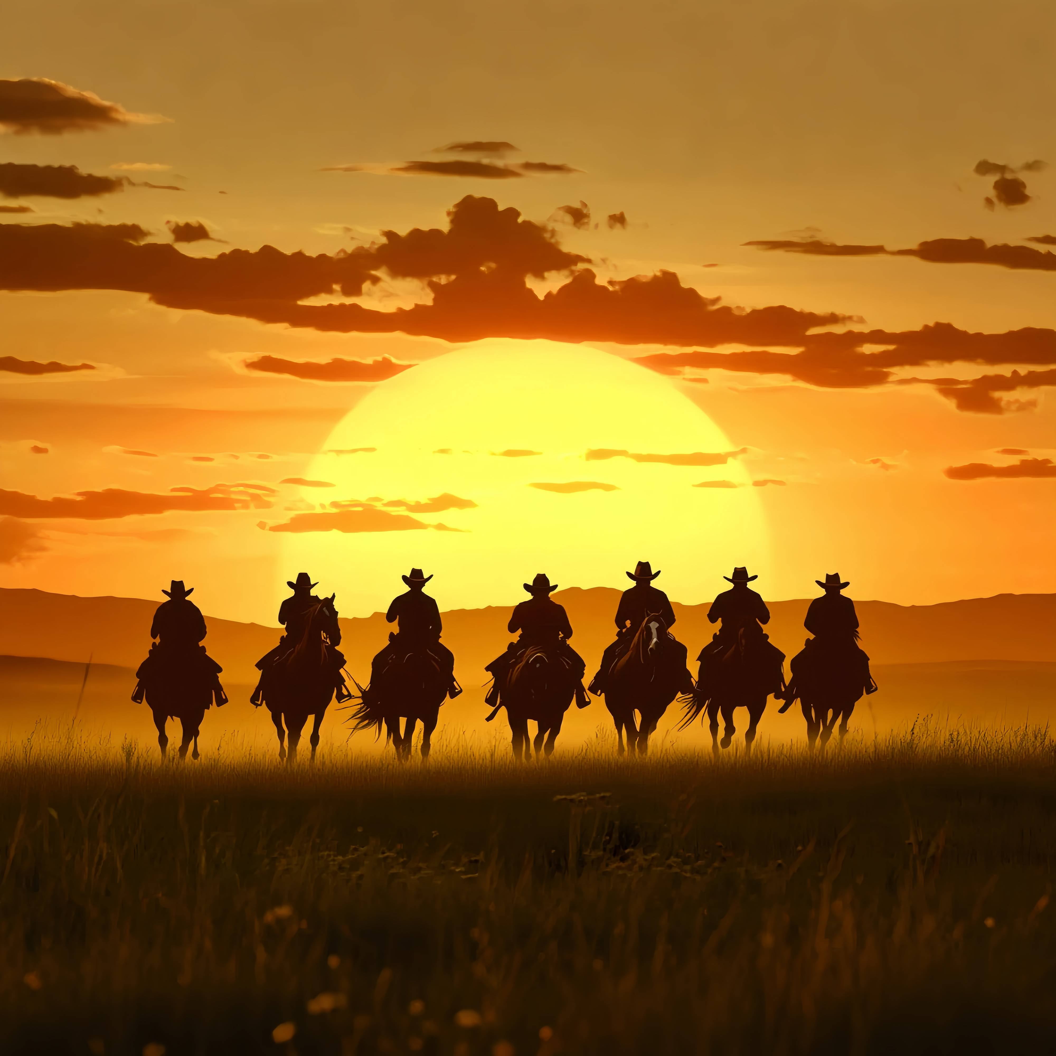 Autumn Backdrop Riders Silhouettes Golden Horizon Cowboy Backdrop UK LXX58-187