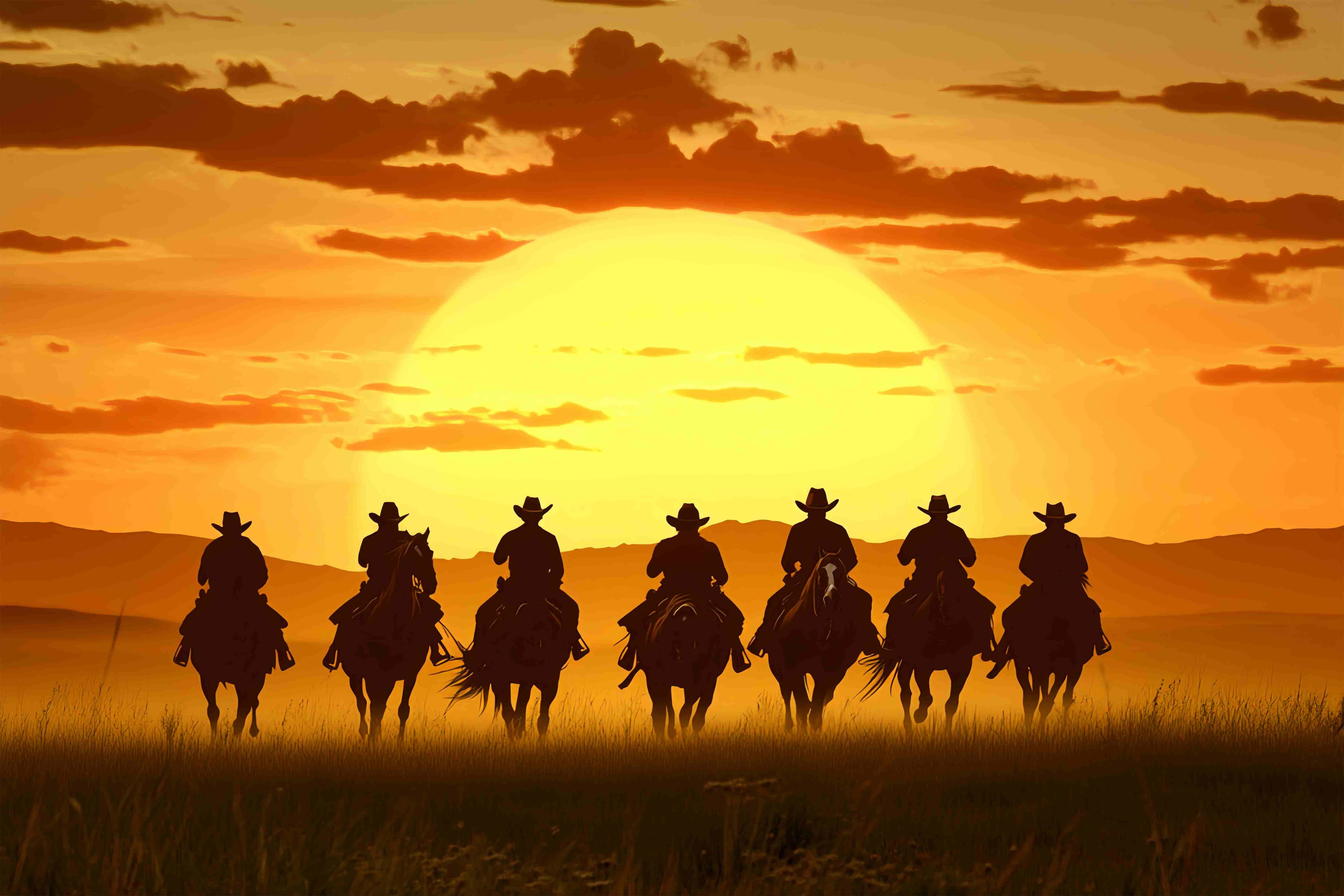 Autumn Backdrop Riders Silhouettes Golden Horizon Cowboy Backdrop UK LXX58-187