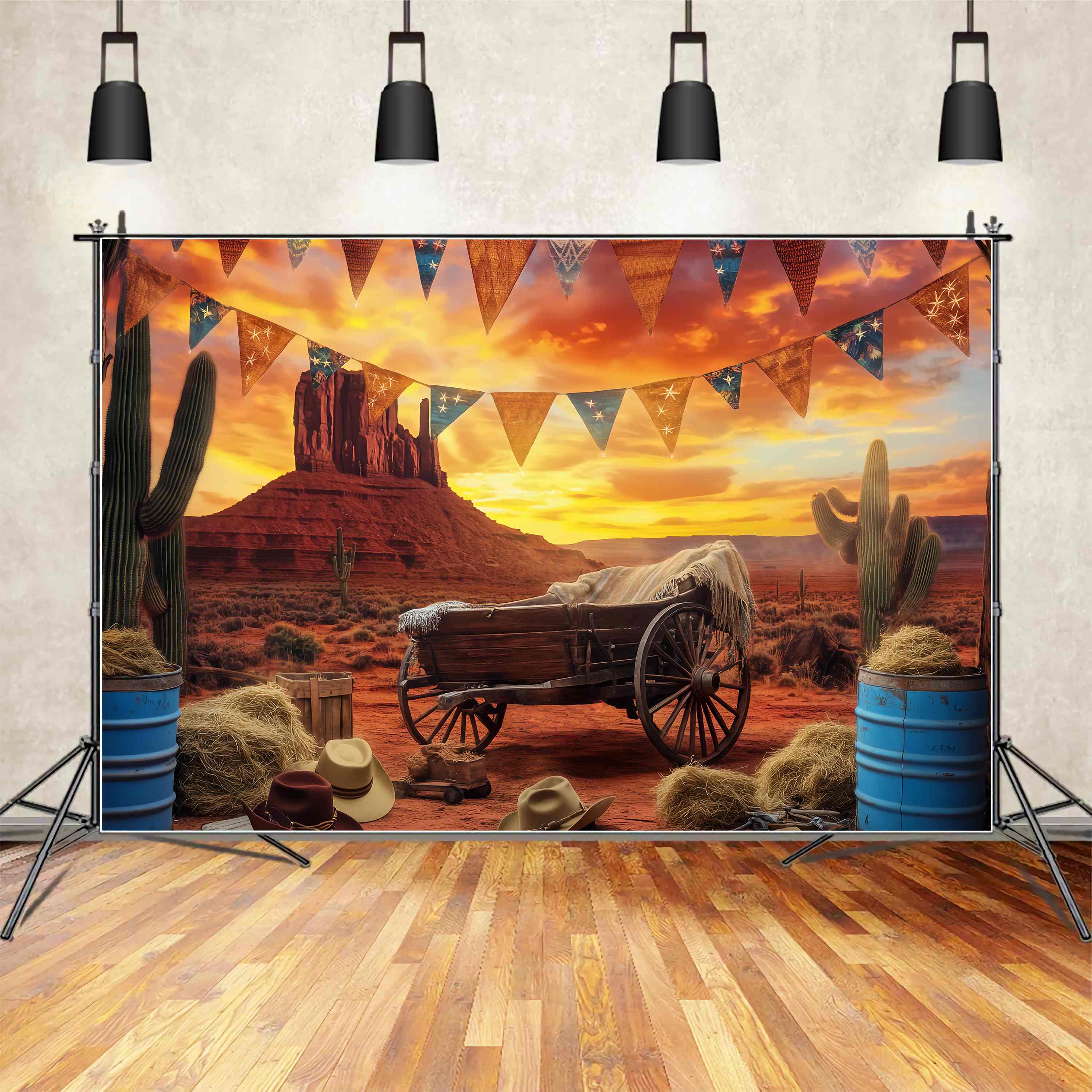 Fall Backdrops Sunset Desert Wagon Cactus Western Backdrop UK LXX58-190