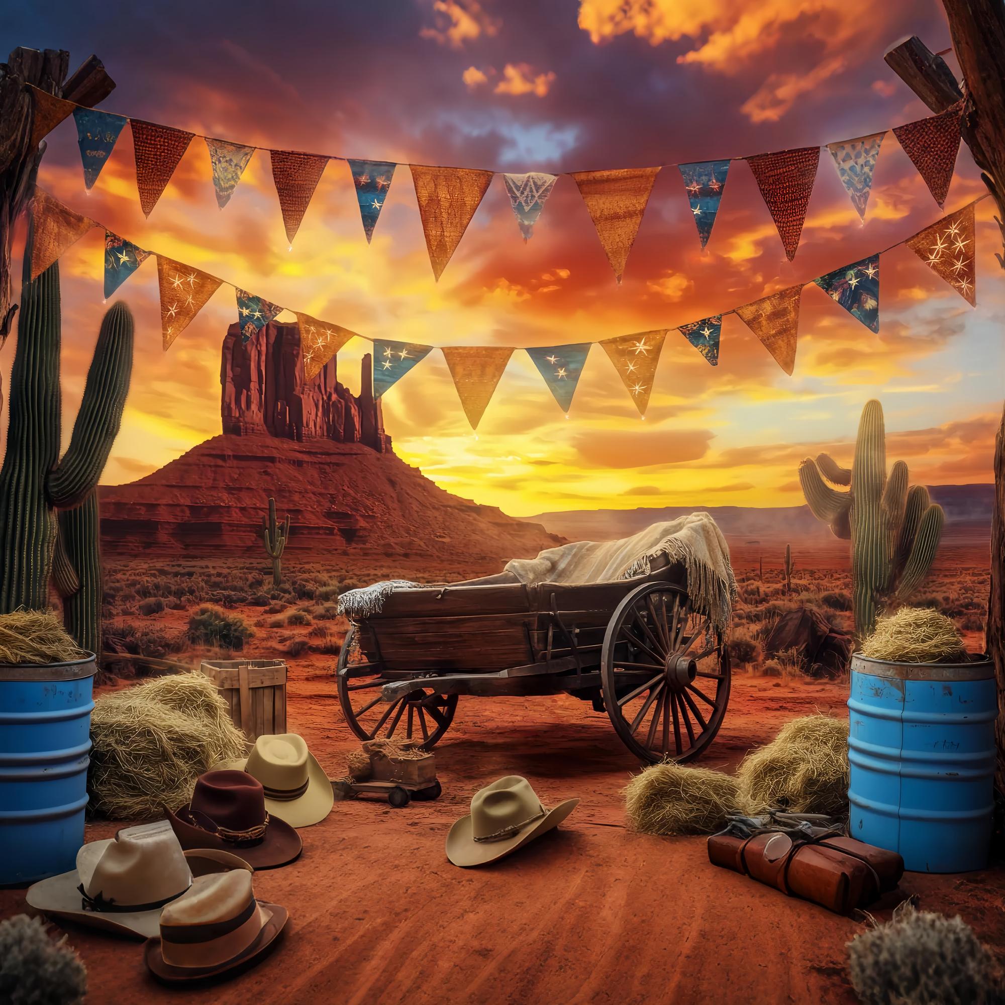 Fall Backdrops Sunset Desert Wagon Cactus Western Backdrop UK LXX58-190