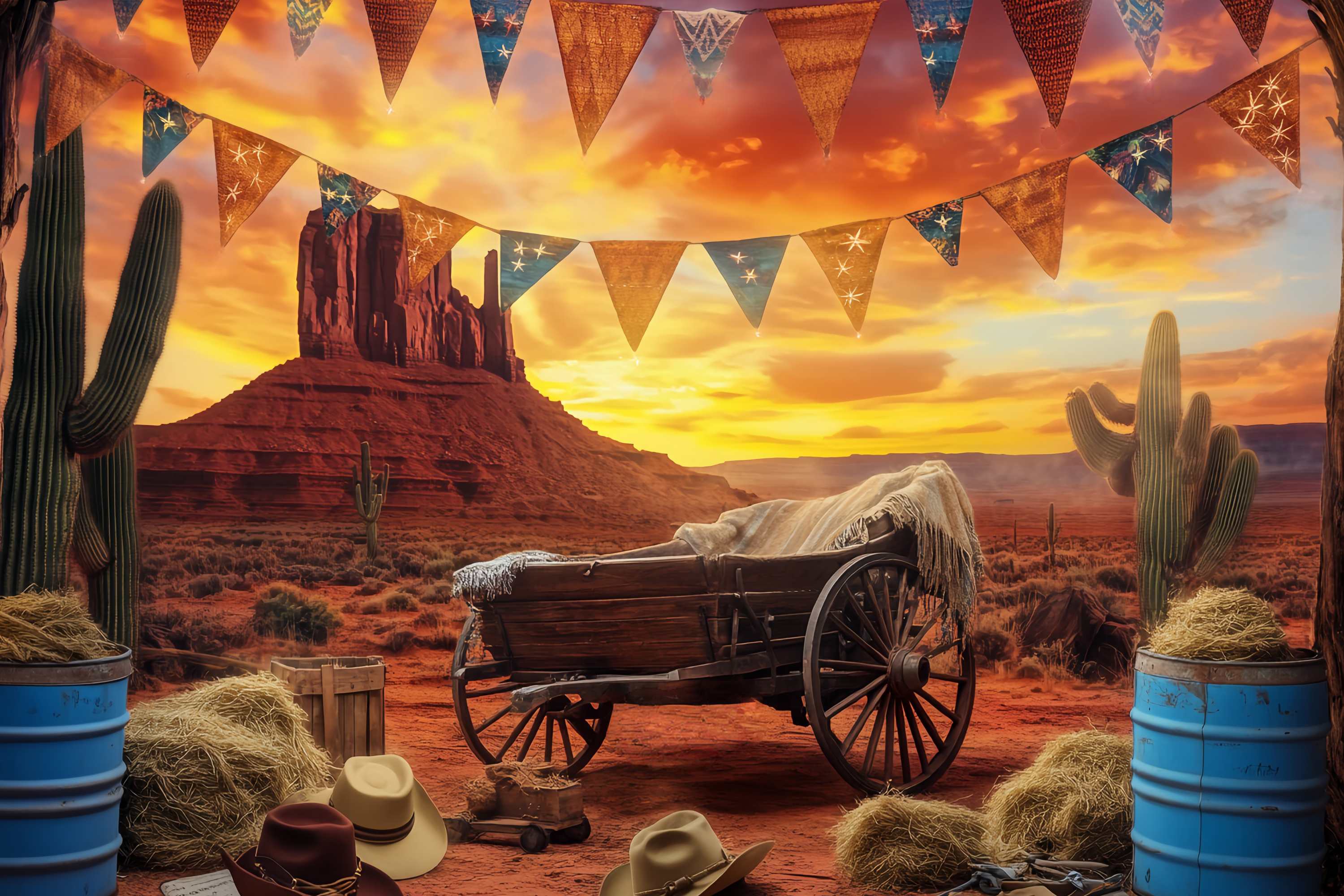Fall Backdrops Sunset Desert Wagon Cactus Western Backdrop UK LXX58-190