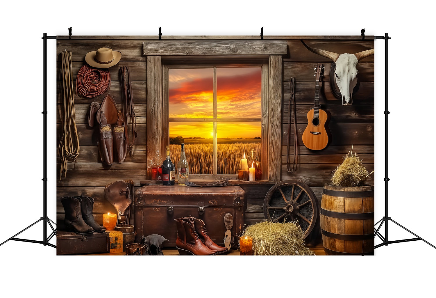 Fall Photo Backdrop Rustic Cabin Sunset Window Cowboy Backdrop UK LXX58-191