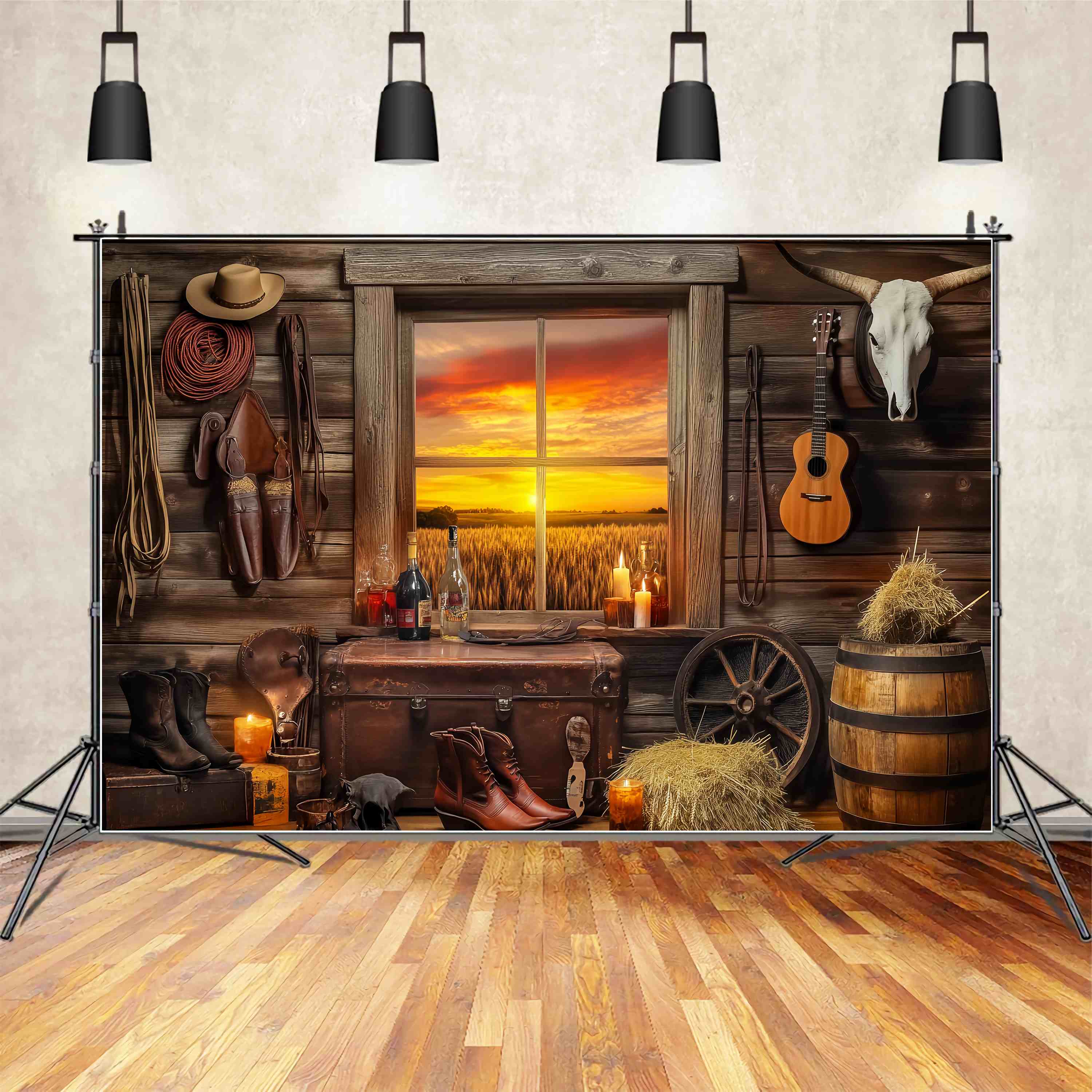 Fall Photo Backdrop Rustic Cabin Sunset Window Cowboy Backdrop UK LXX58-191