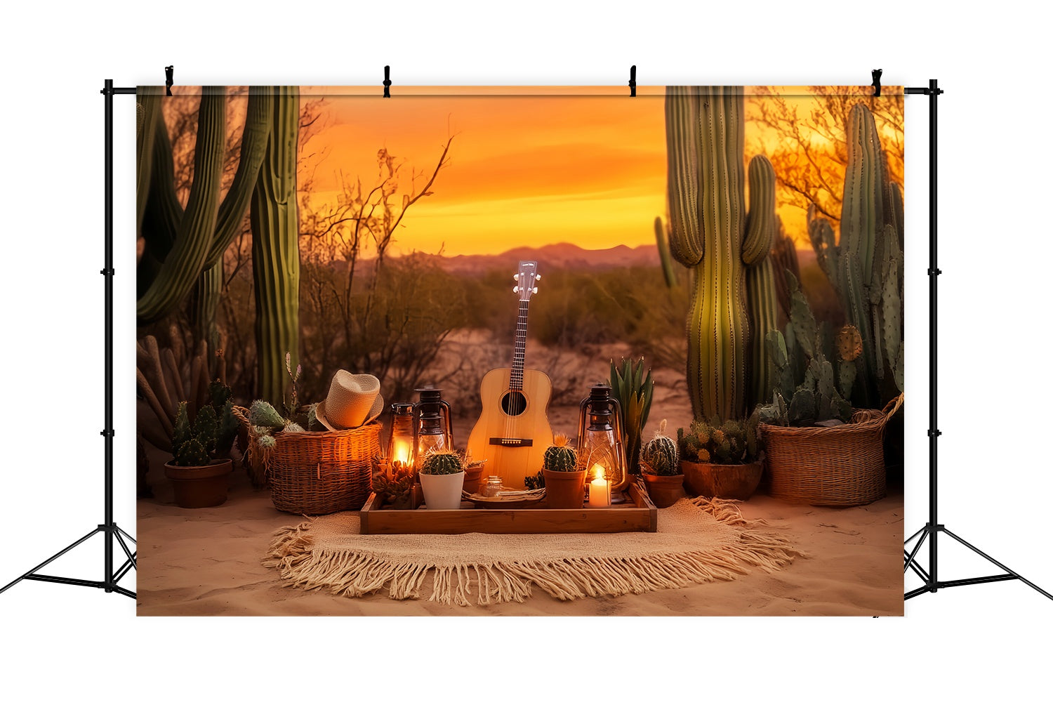 Fall Photo Backdrop Sunset Cactus Picnic Arrangement Cowboy Backdrop UK LXX58-194