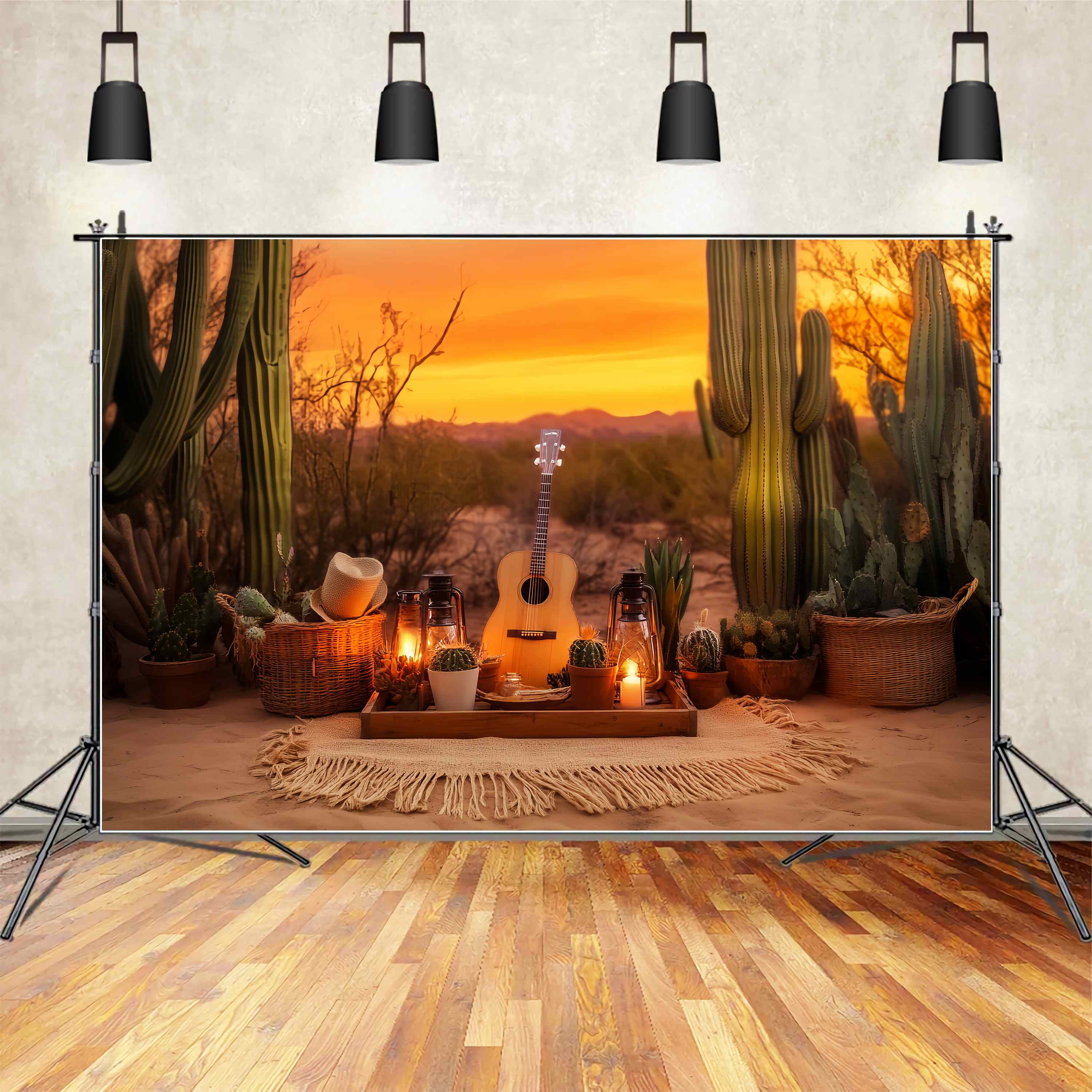 Fall Photo Backdrop Sunset Cactus Picnic Arrangement Cowboy Backdrop UK LXX58-194