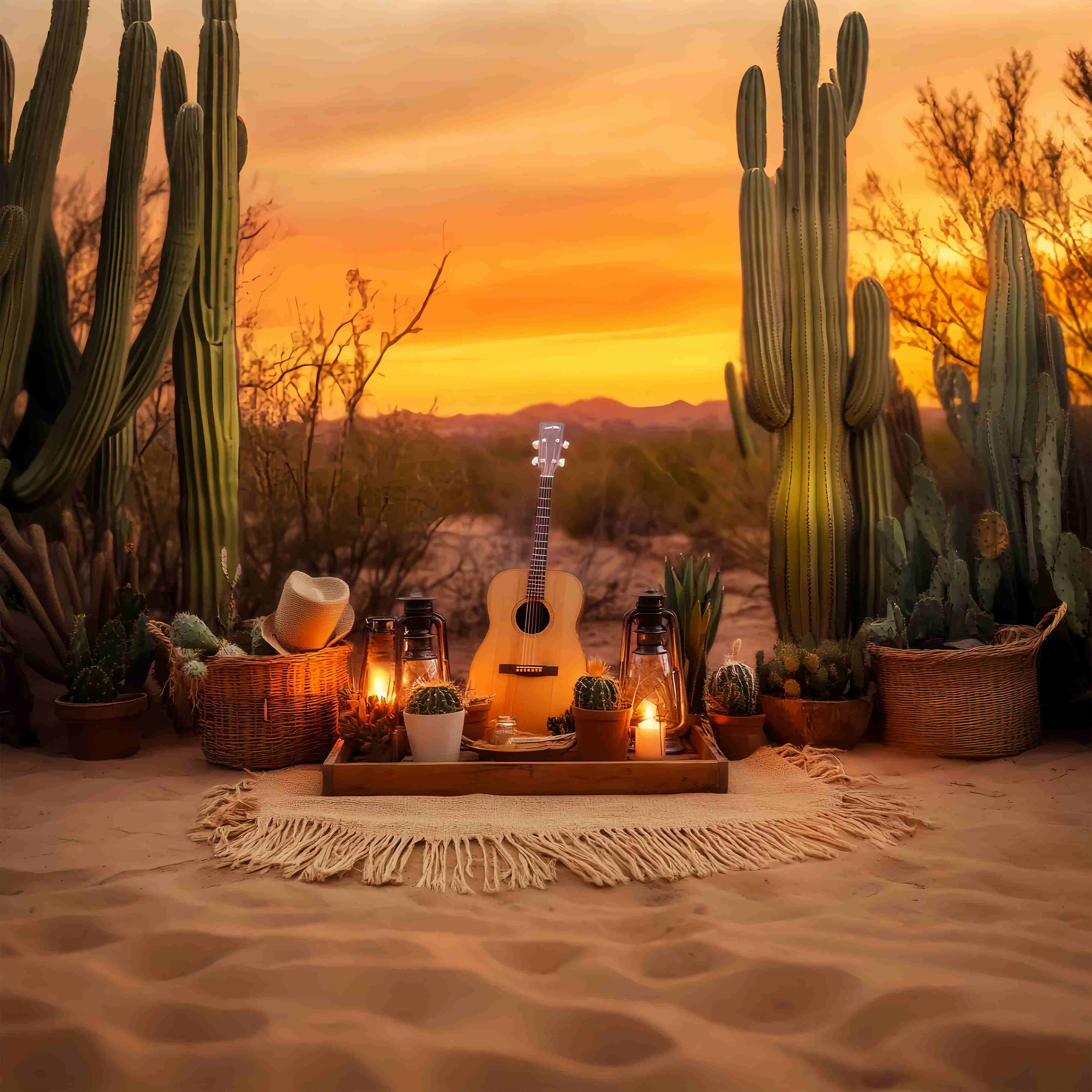Fall Photo Backdrop Sunset Cactus Picnic Arrangement Cowboy Backdrop UK LXX58-194
