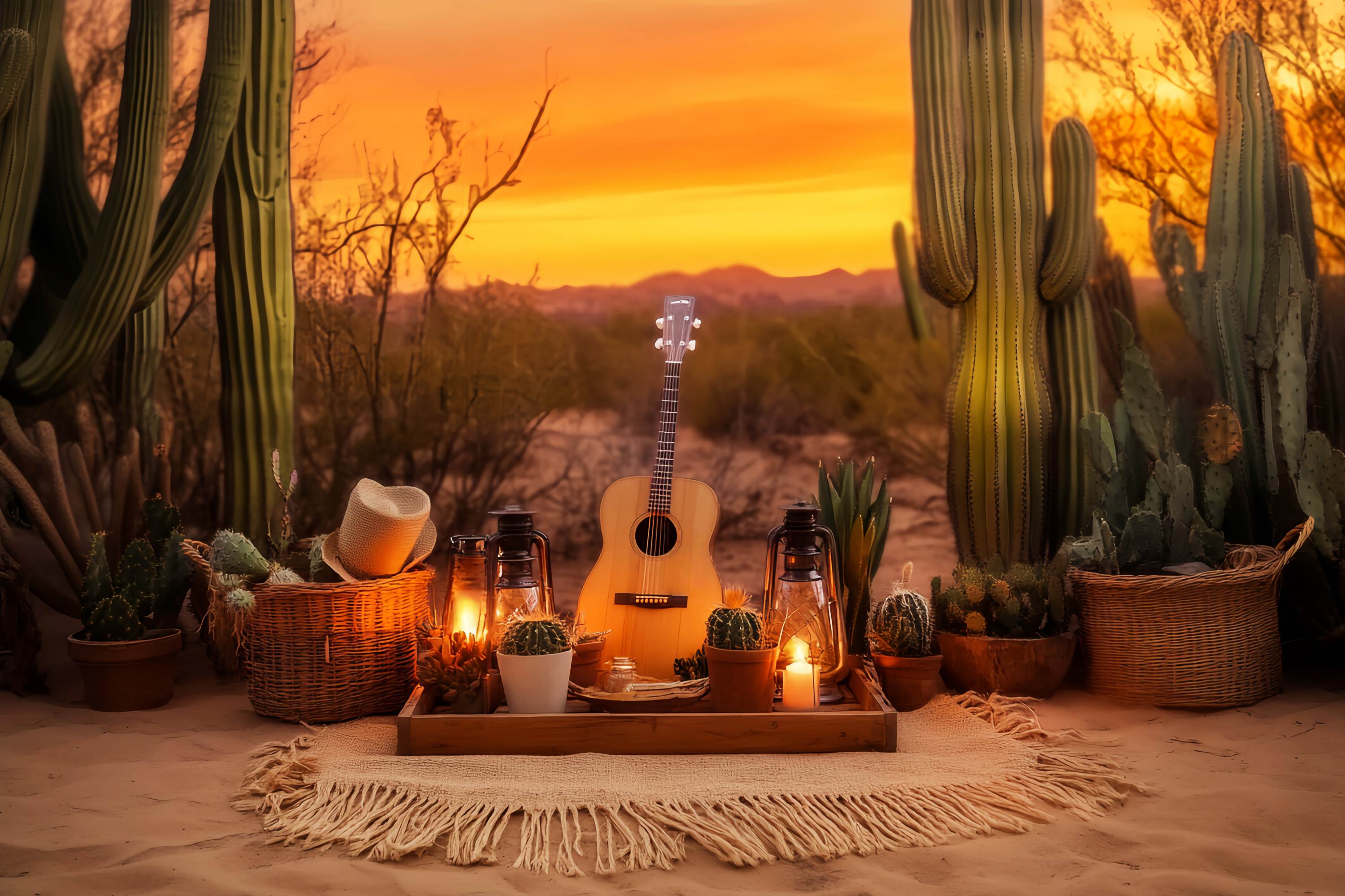 Fall Photo Backdrop Sunset Cactus Picnic Arrangement Cowboy Backdrop UK LXX58-194
