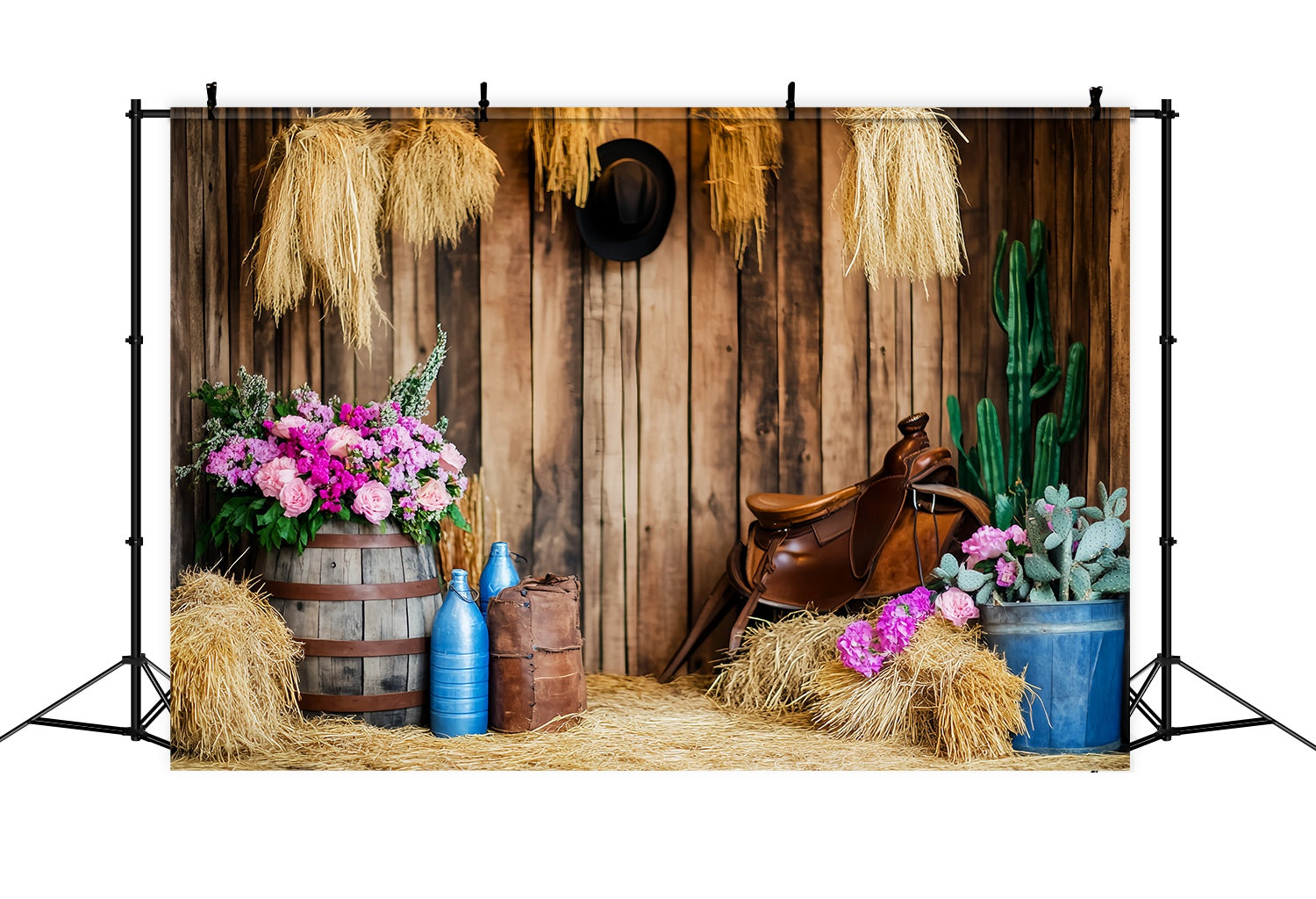 Fall Backdrop Rustic Barrel Flowers Hay Bales Cowboy Backdrop UK LXX58-206