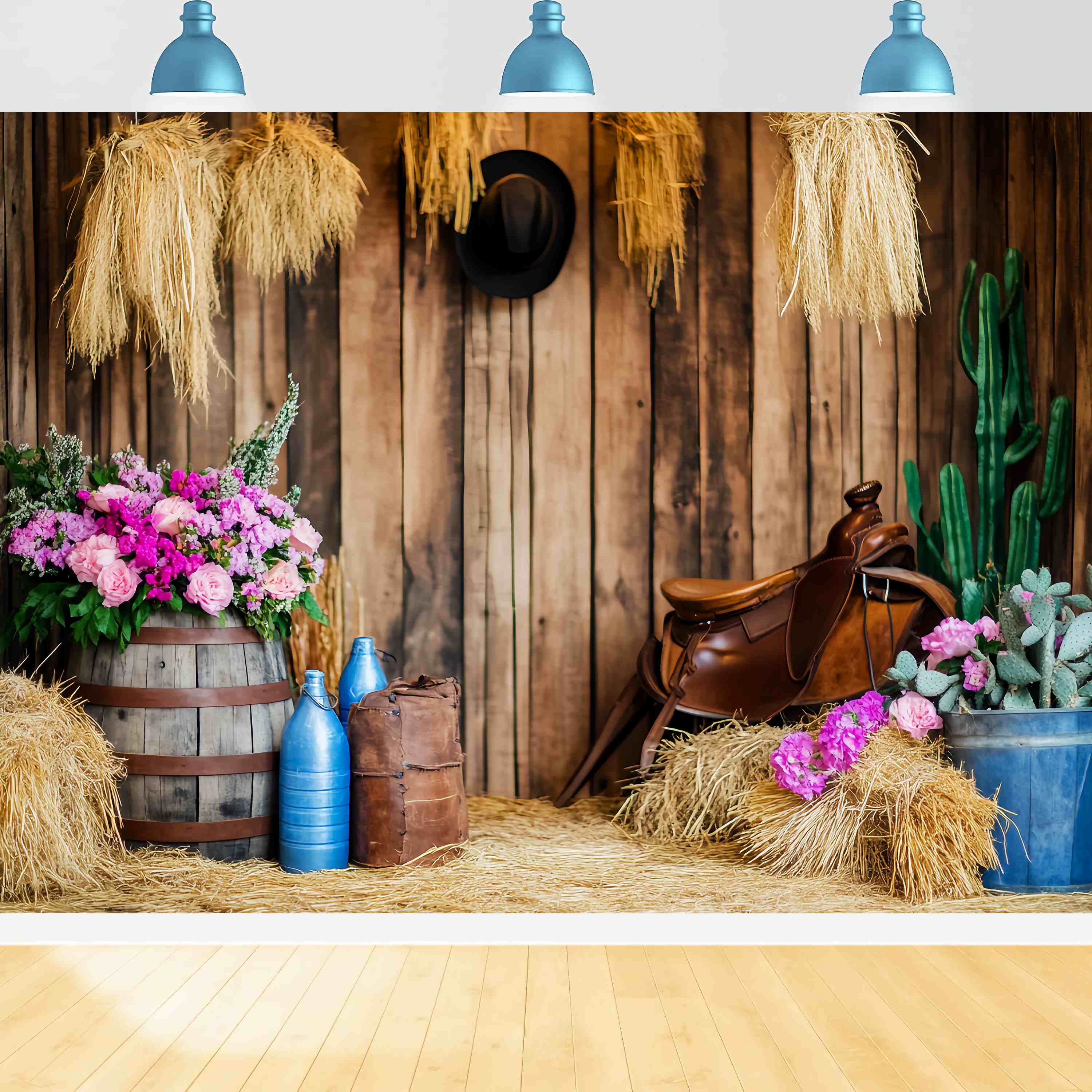 Fall Backdrop Rustic Barrel Flowers Hay Bales Cowboy Backdrop UK LXX58-206