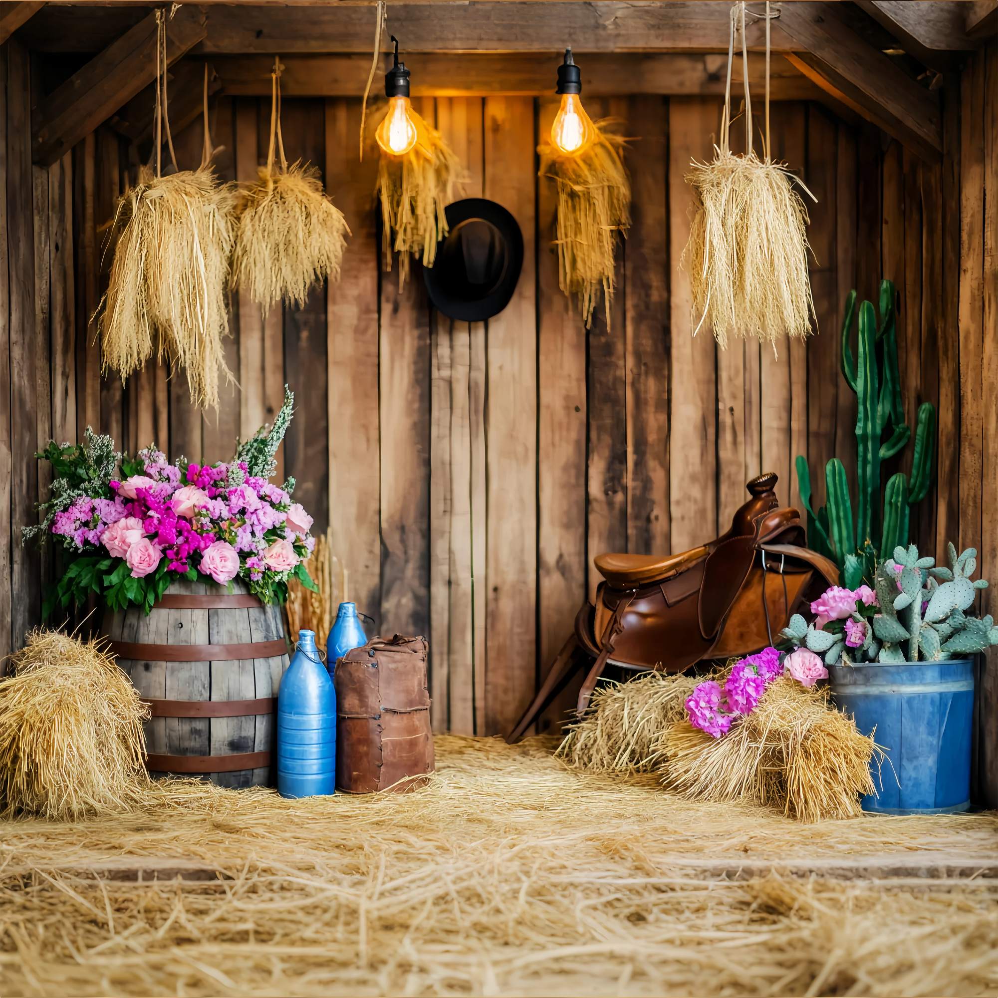 Fall Backdrop Rustic Barrel Flowers Hay Bales Cowboy Backdrop UK LXX58-206