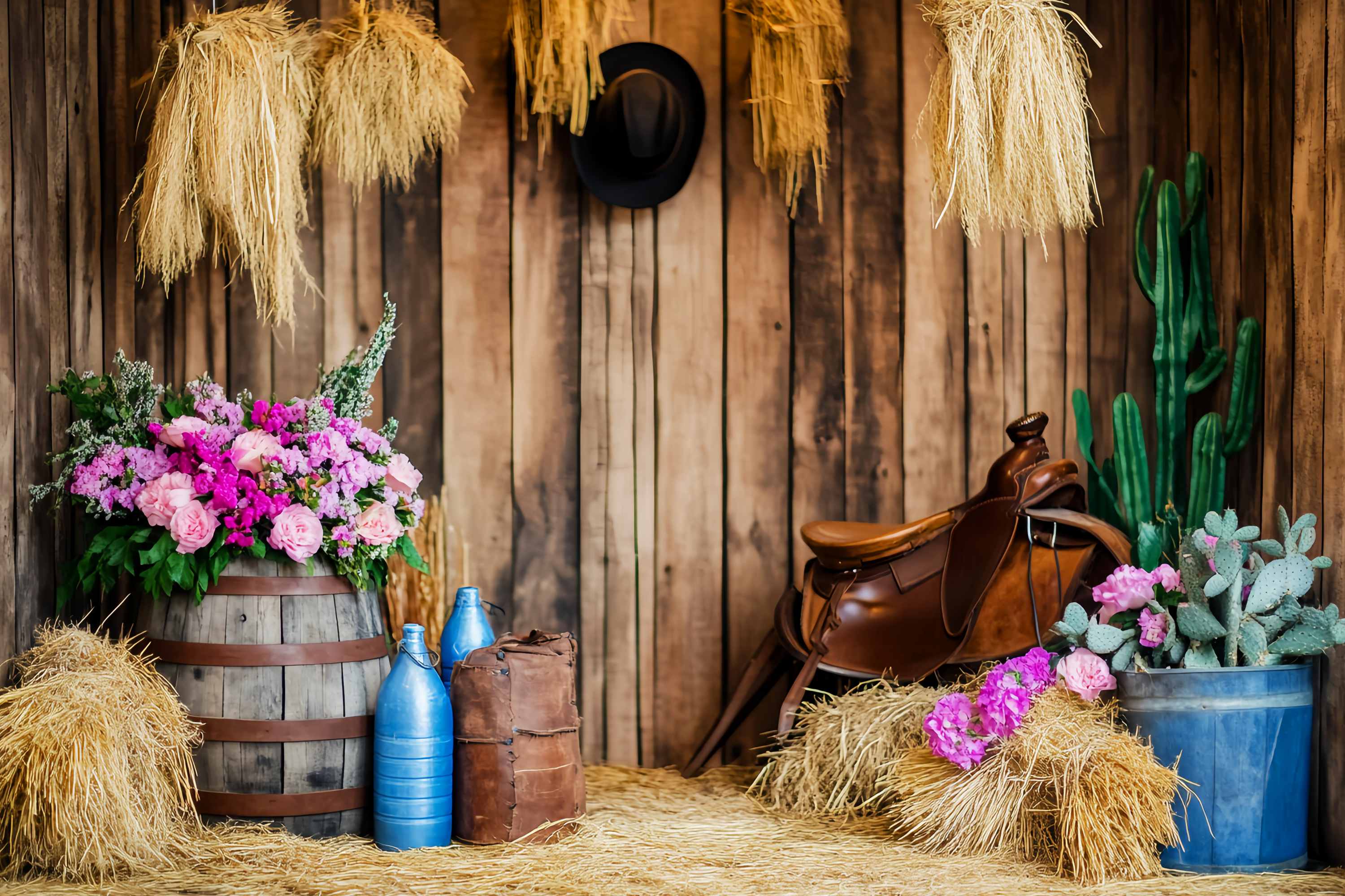 Fall Backdrop Rustic Barrel Flowers Hay Bales Cowboy Backdrop UK LXX58-206