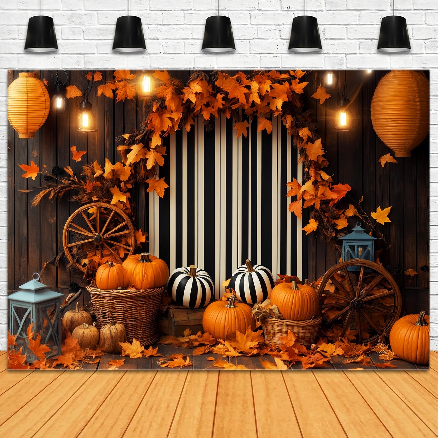 Fall Backdrops Striped Backdrop Pumpkin Lantern Display Thanksgiving Backdrop UK LXX58-211