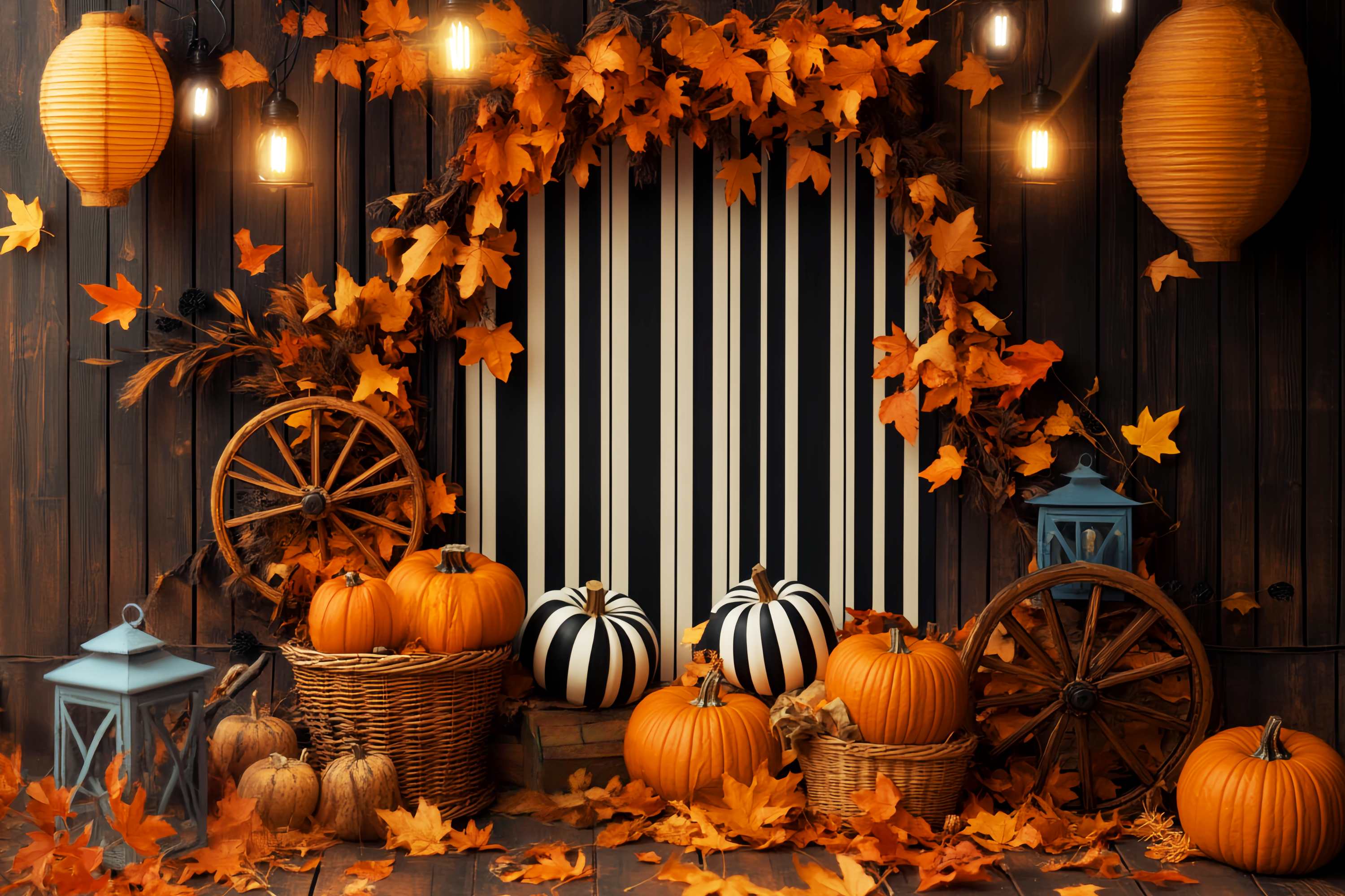 Fall Backdrops Striped Backdrop Pumpkin Lantern Display Thanksgiving Backdrop UK LXX58-211