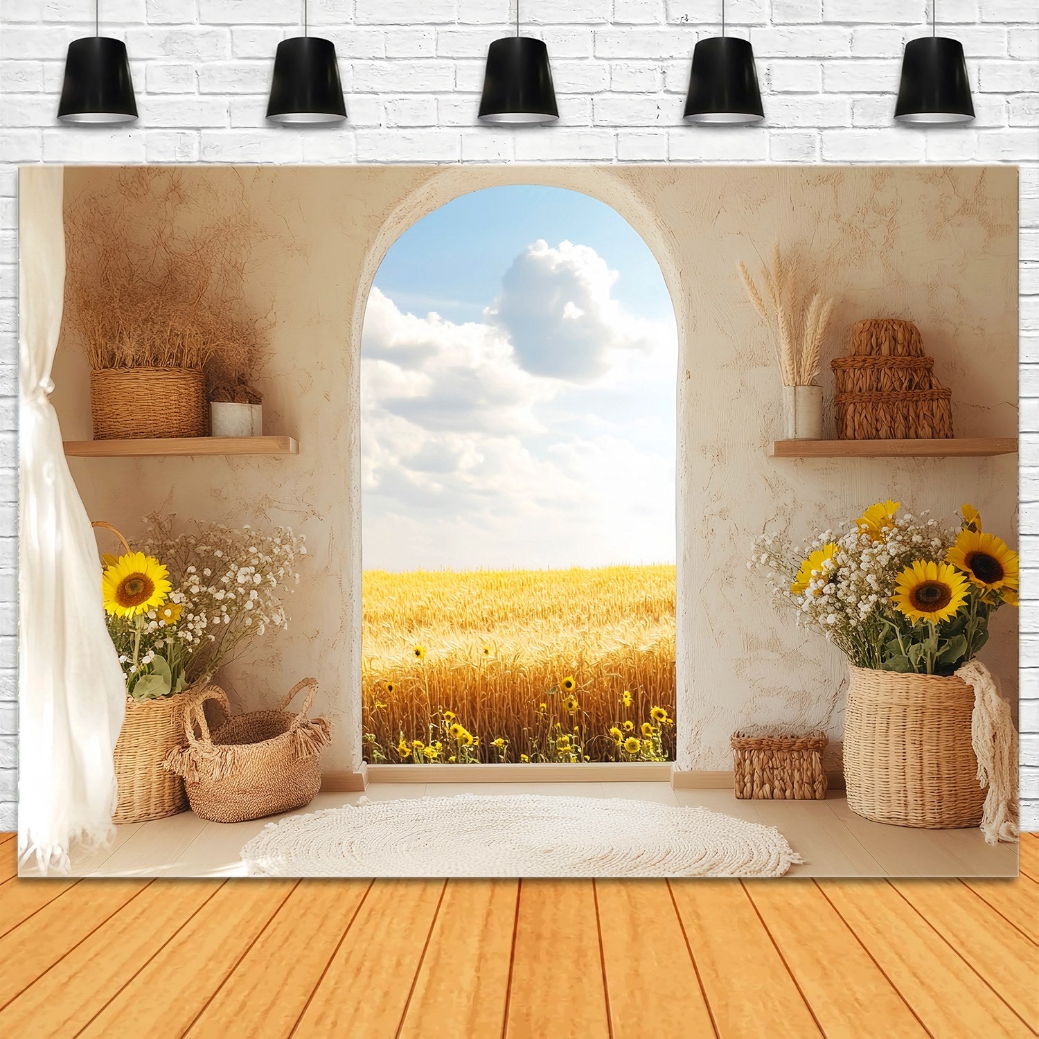 Autumn Backdrops Sunflower Basket Golden Wheat View Boho Backdrop UK LXX58-213
