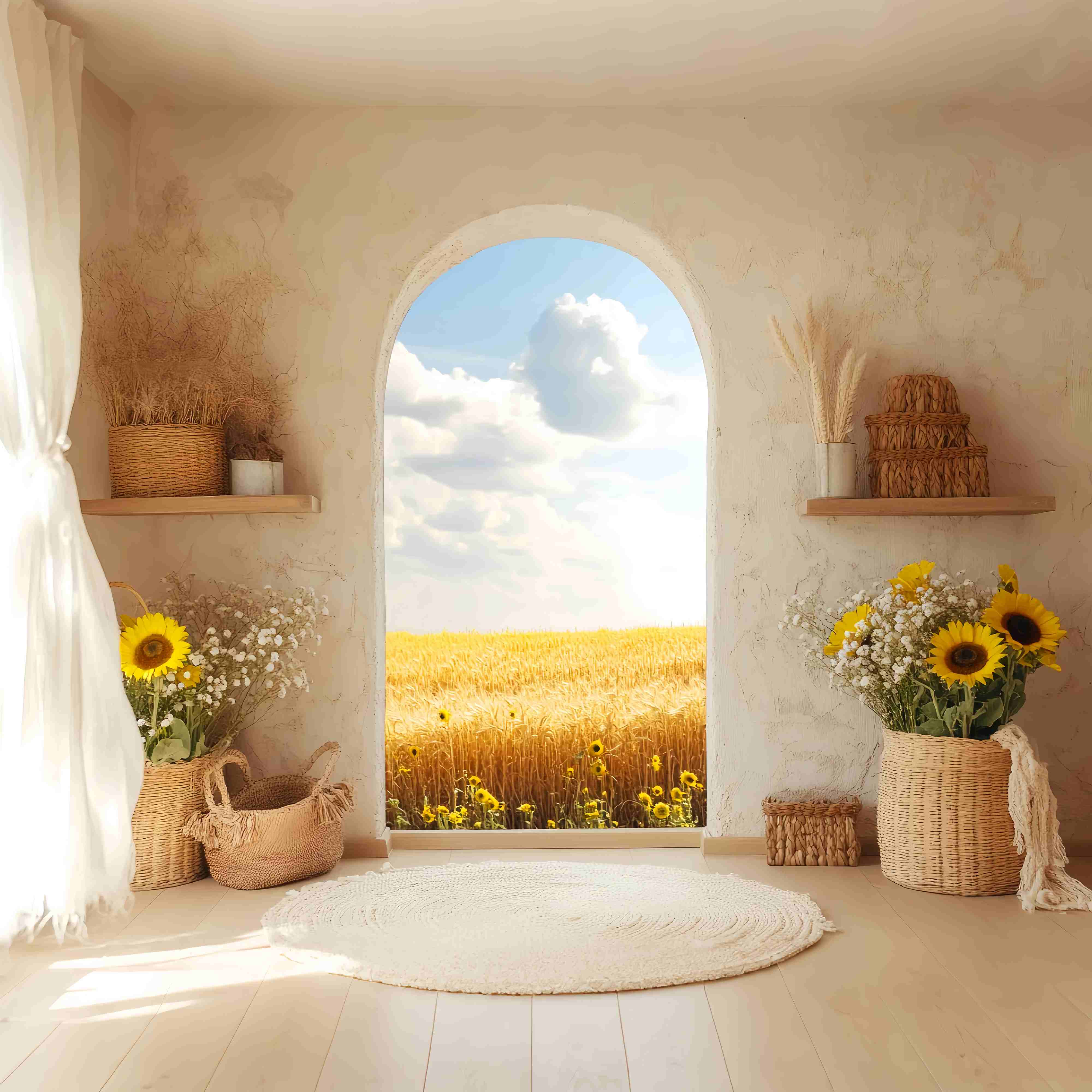 Autumn Backdrops Sunflower Basket Golden Wheat View Boho Backdrop UK LXX58-213