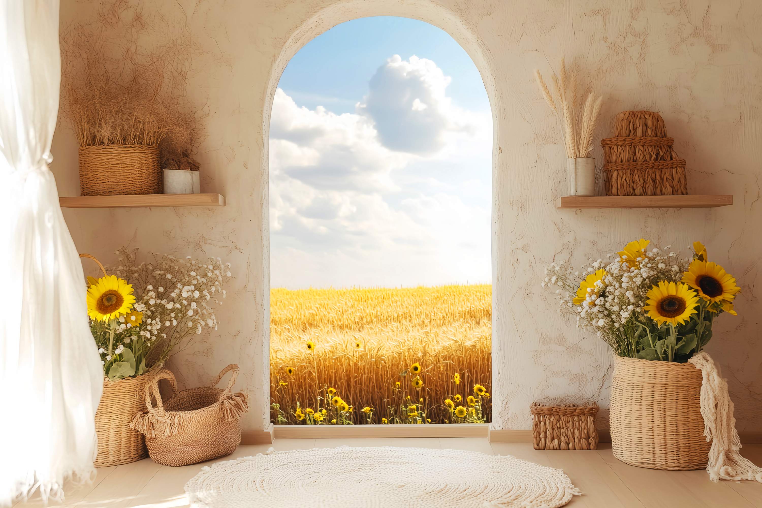 Autumn Backdrops Sunflower Basket Golden Wheat View Boho Backdrop UK LXX58-213