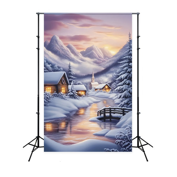 Winter Wonderland Backdrop Snowy Village Mountain Sunset Winter Backdrop UK LXX58-224