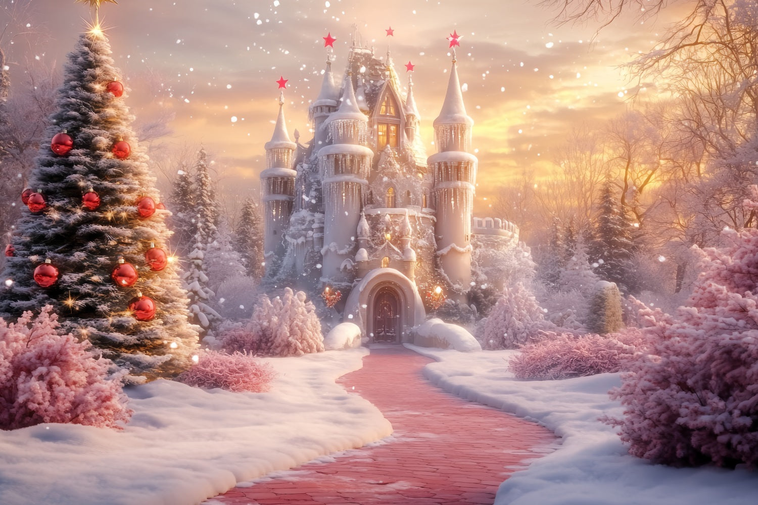 Winter Wonderland Backdrop Christmas Castle Snow Path Winter Backdrop UK LXX58-228