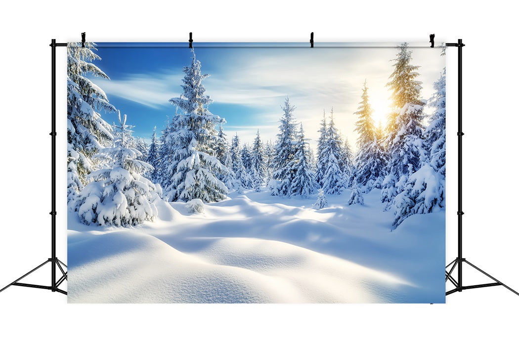 Forest Backdrop Golden Sunrise Snowy Forest Winter Wonderland Backdrops UK LXX58-239