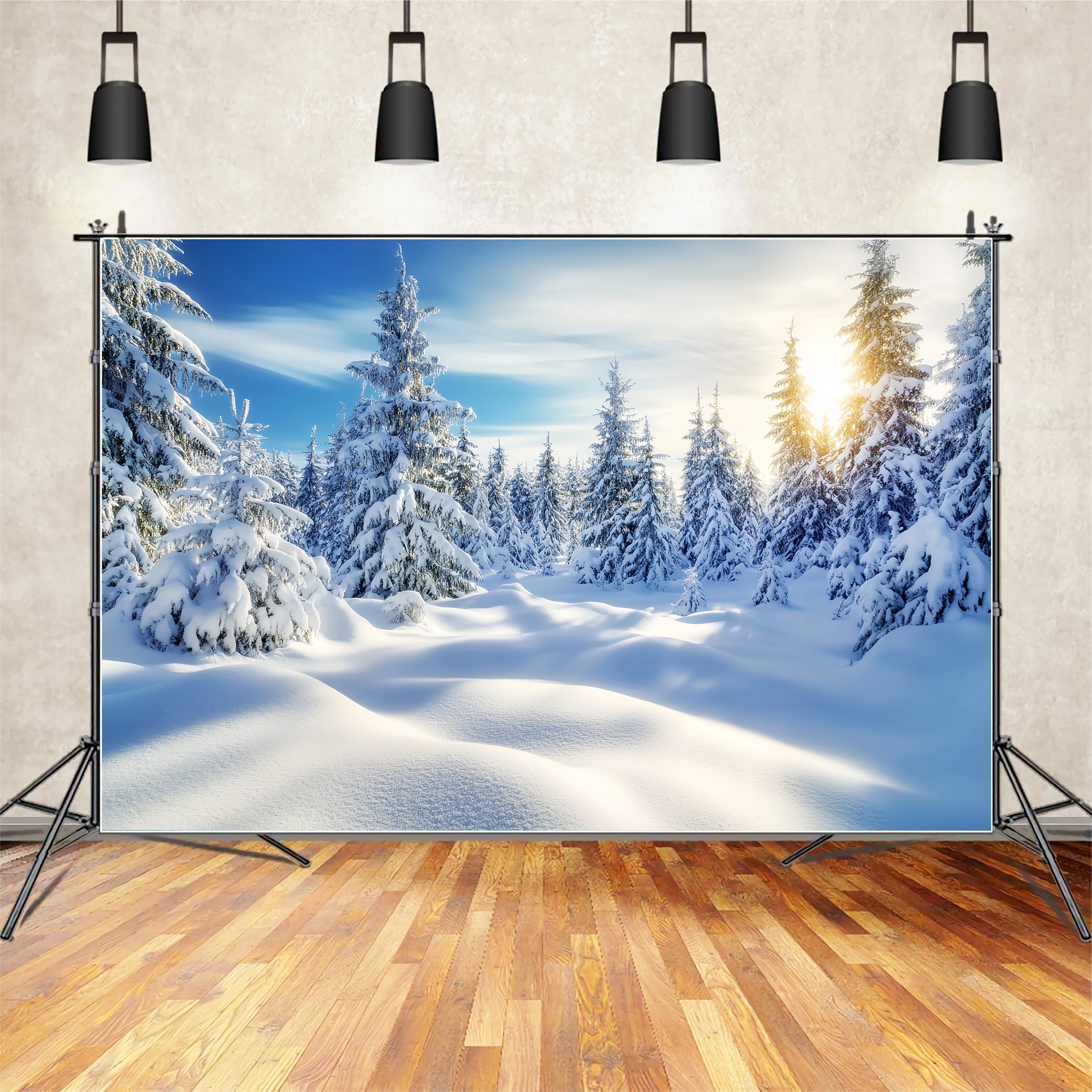 Forest Backdrop Golden Sunrise Snowy Forest Winter Wonderland Backdrops UK LXX58-239