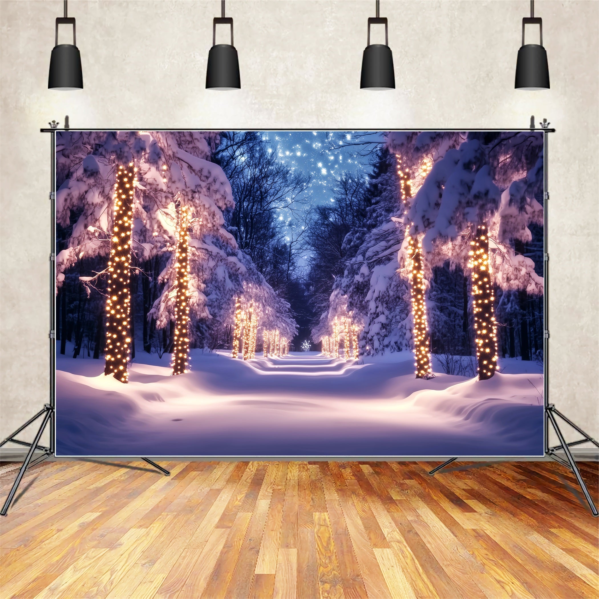 Forest Backdrop Golden Lights Snowy Pathway Winter Wonderland Backdrop UK LXX58-241