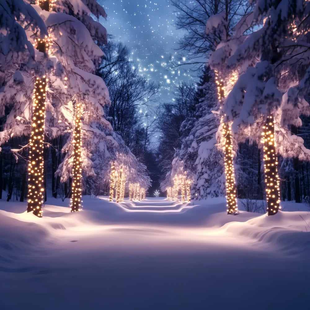 Forest Backdrop Golden Lights Snowy Pathway Winter Wonderland Backdrop UK LXX58-241