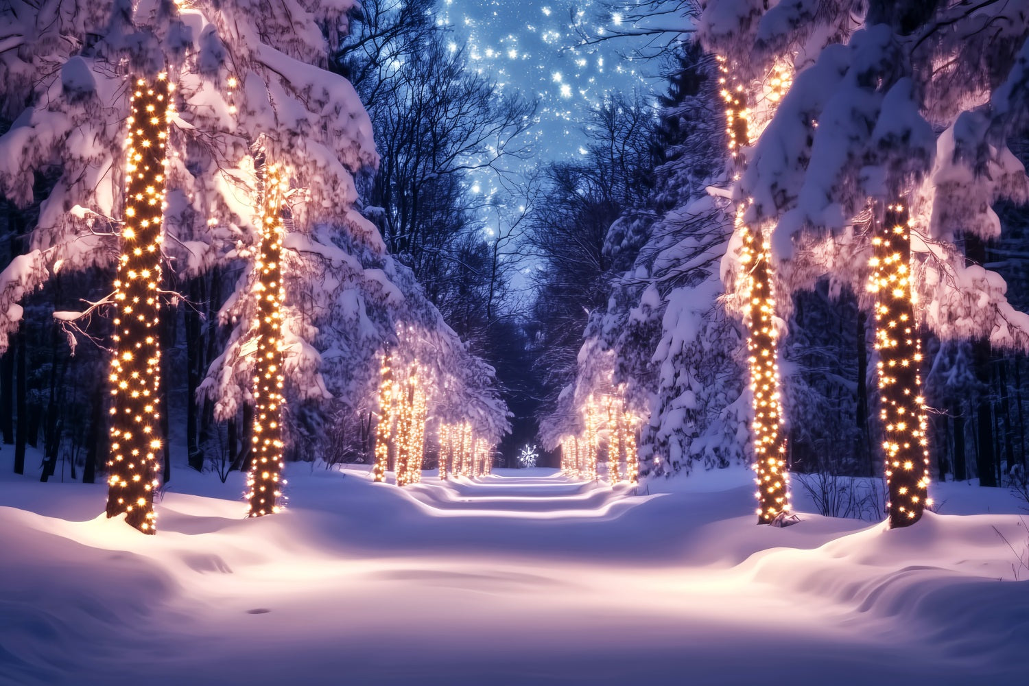 Forest Backdrop Golden Lights Snowy Pathway Winter Wonderland Backdrop UK LXX58-241