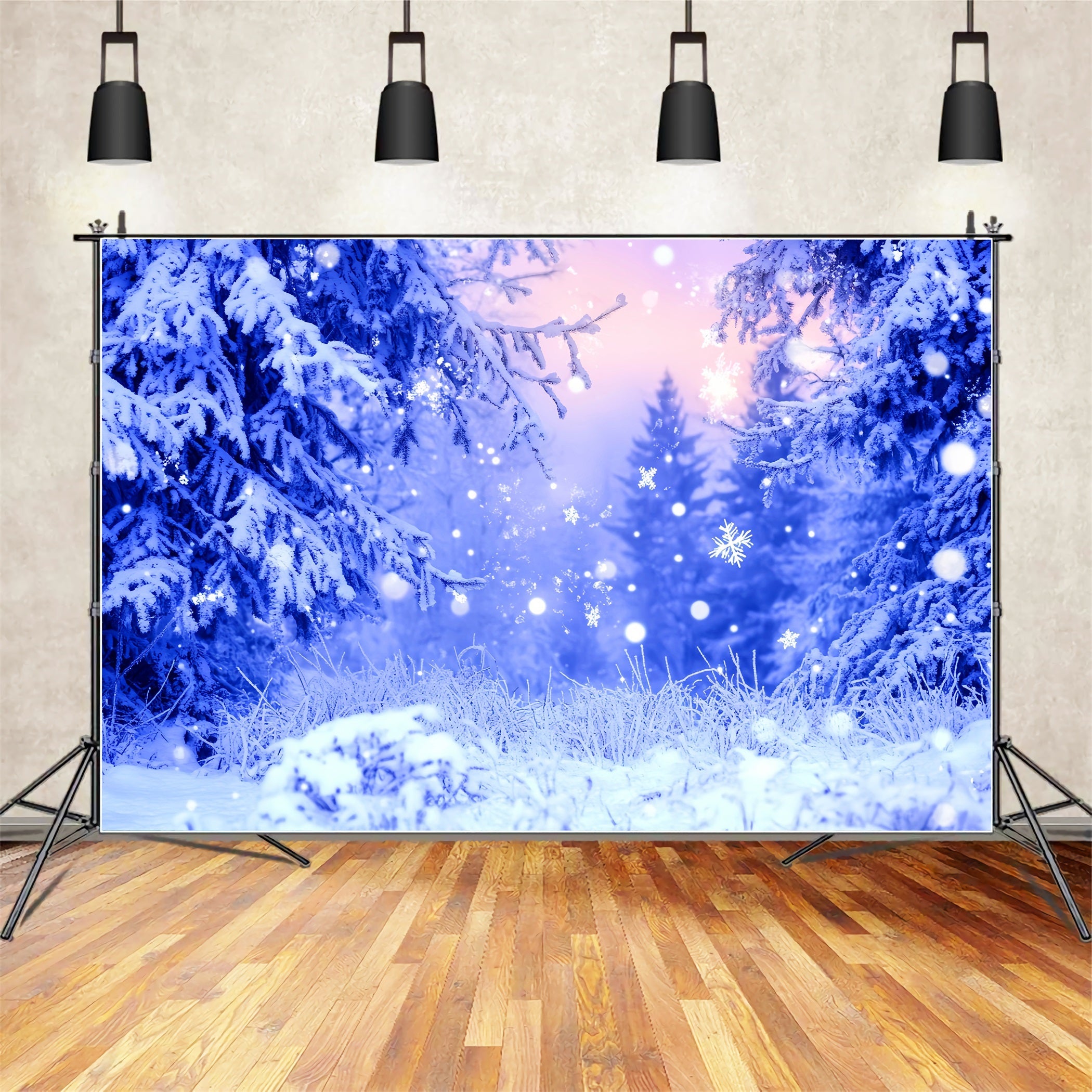 Forest Backdrop Blue Frost Sparkling Snowflakes Winter Photo Backdrop UK LXX58-242